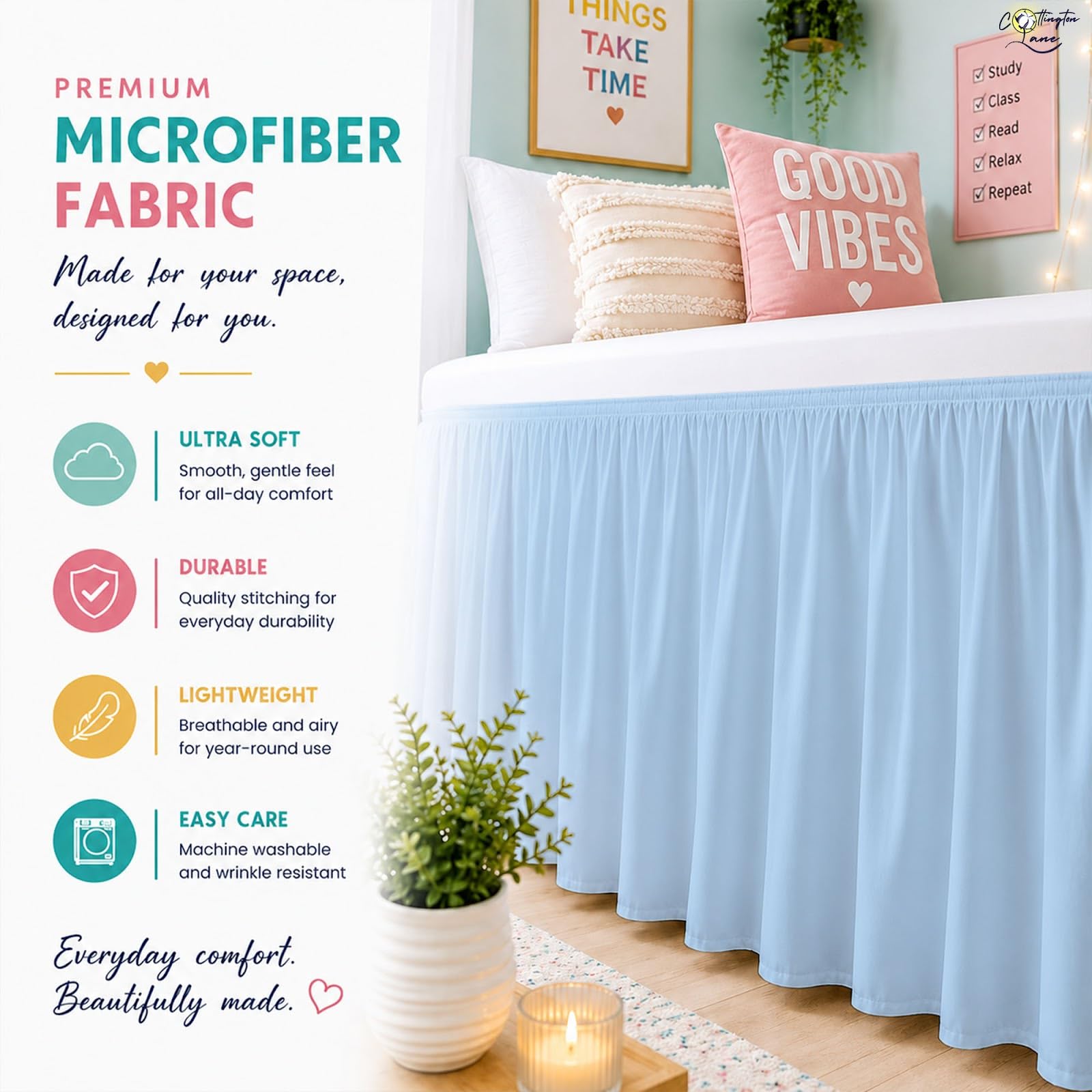Cottington Lane Ruffled Dorm Room Bed Skirt Twin XL 25 Inch Drop, Hotel Quality Premium Brushed Microfiber Twin Extra Long College Dust Ruffle, White