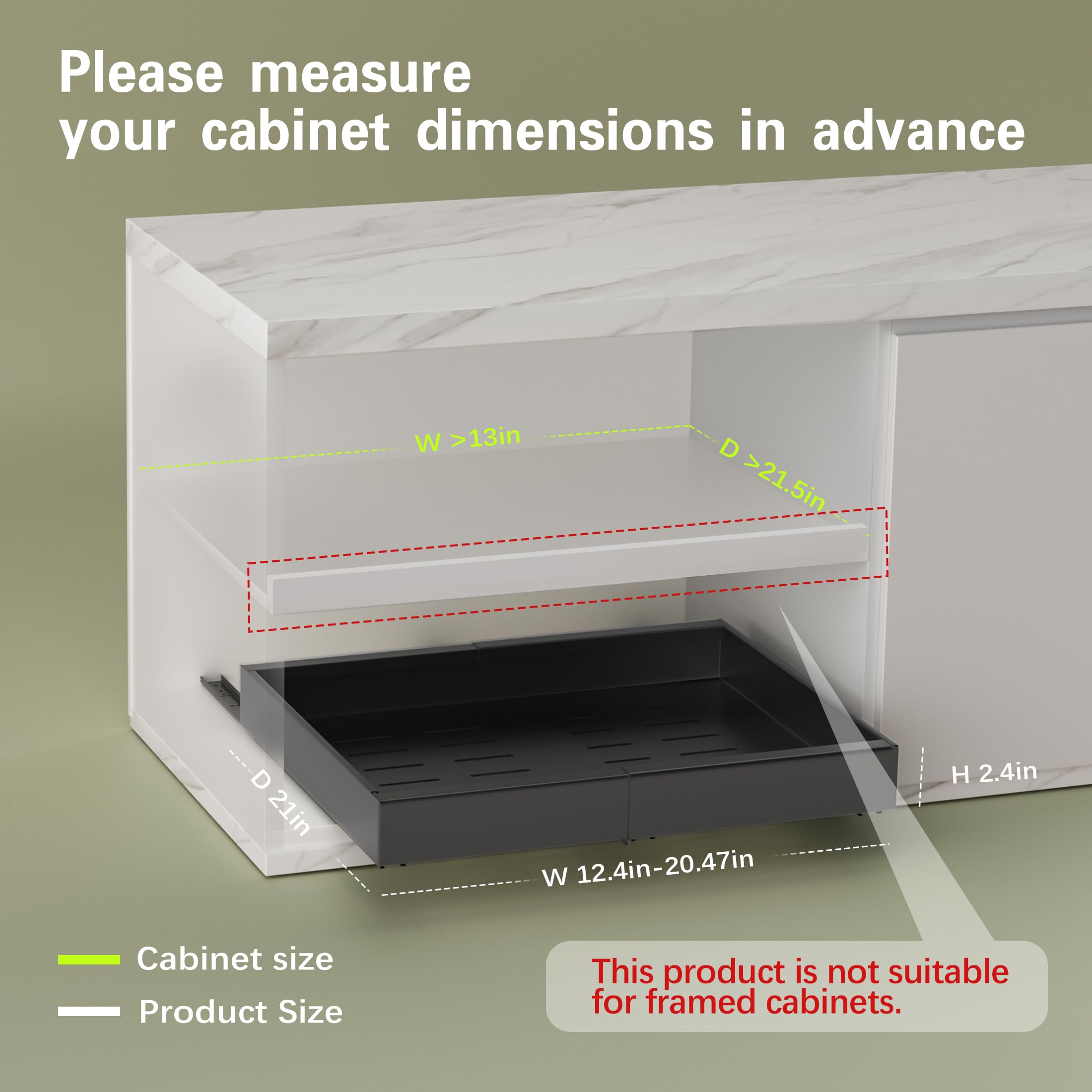 Seinloes 4 Pack Pull Out Cabinet Organizers 21" Deep With Raising Pad for Framed Cabinets, Expandable Width (15.2"-26.3") Slide Out Drawers Upgrade 3 Slide Rails, Roll Out Shelves Adhesive, Black