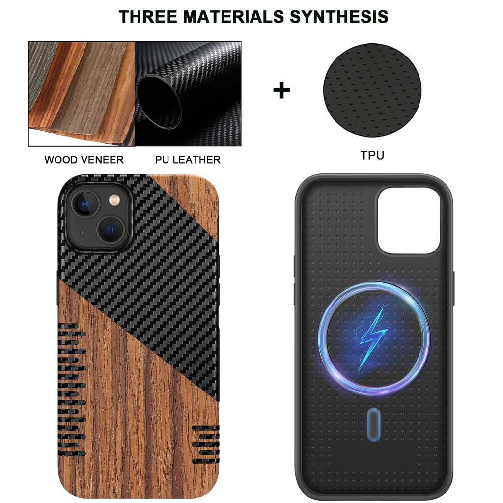 TENDLIN Compatible with iPhone 15 Case Wood Grain with Carbon Fiber Texture Design Leather Hybrid Slim Case (Black)