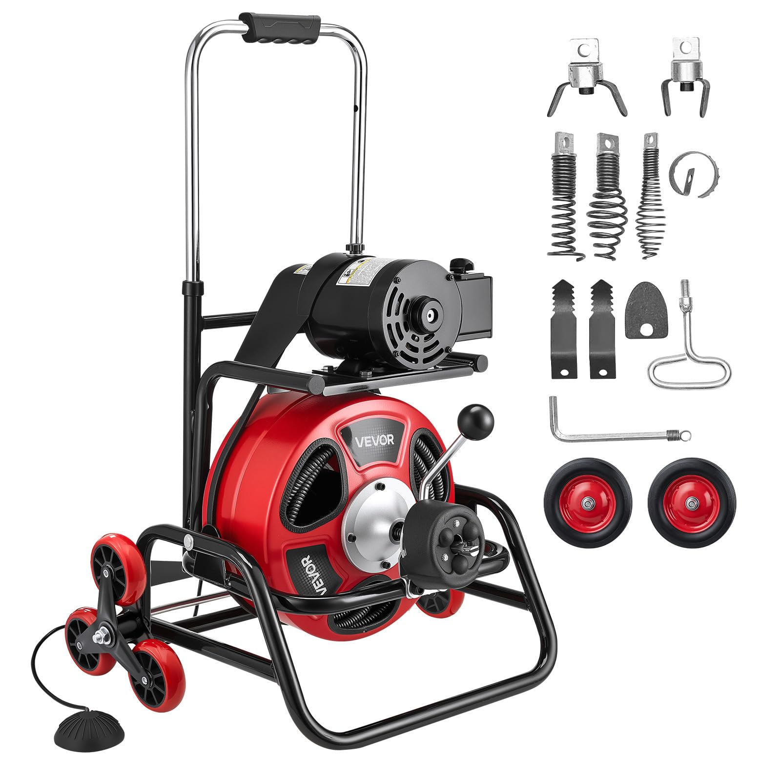 VEVOR 50FT x 1/2Inch Sewer Snake Machine, Drain Cleaning Machine on 4 Wheels, Electri Drain Auger with 4 Cutters & Foot Switch for 1''- 4'' Pipes