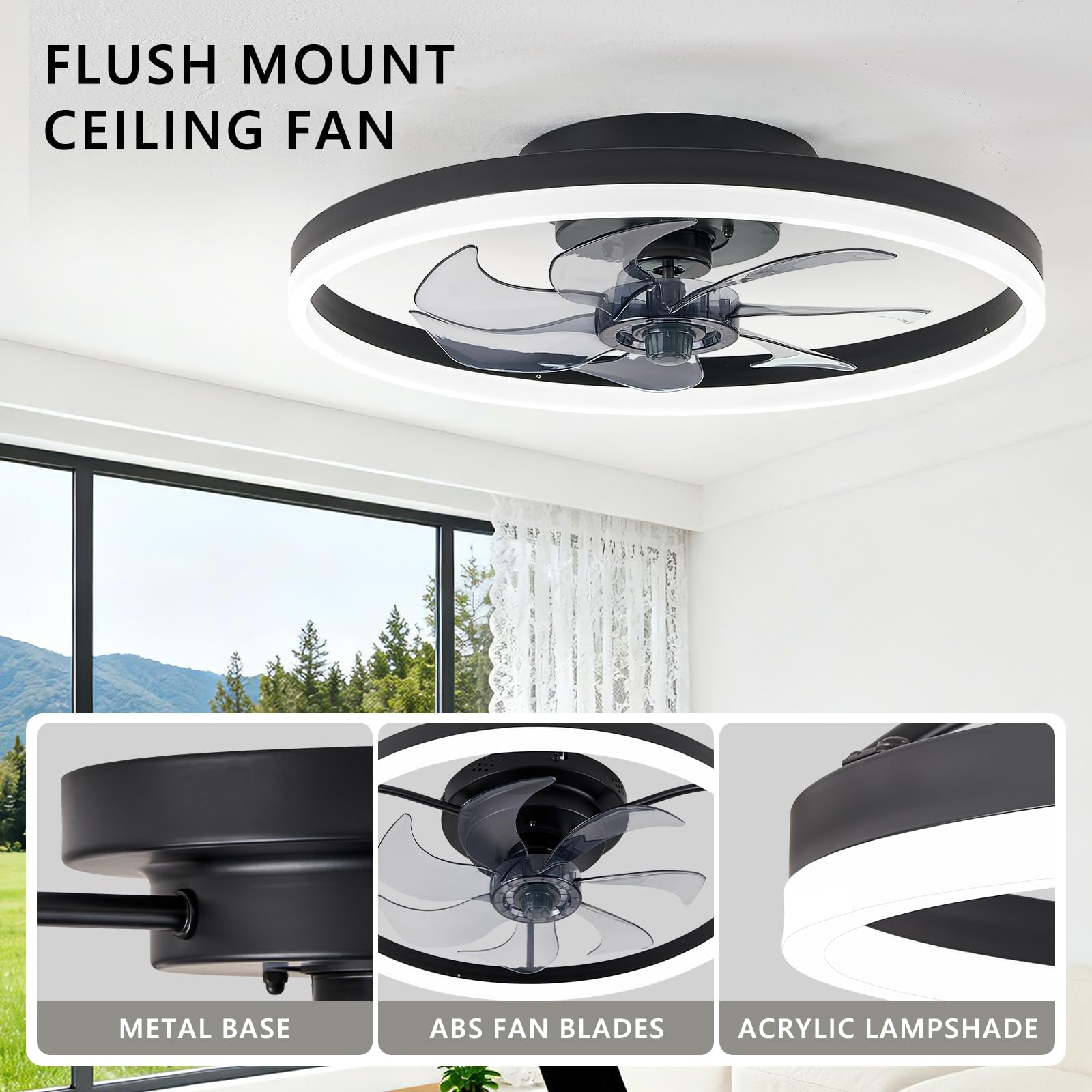 16 Inch RGB Low Profile Ceiling Fans with Lights, Modern Flush Mount Fandelier Chandelier Fixture, Remote & APP Control, Black LED Ceiling Fan Light for Bedroom, Living Room, Kitchen Indoor
