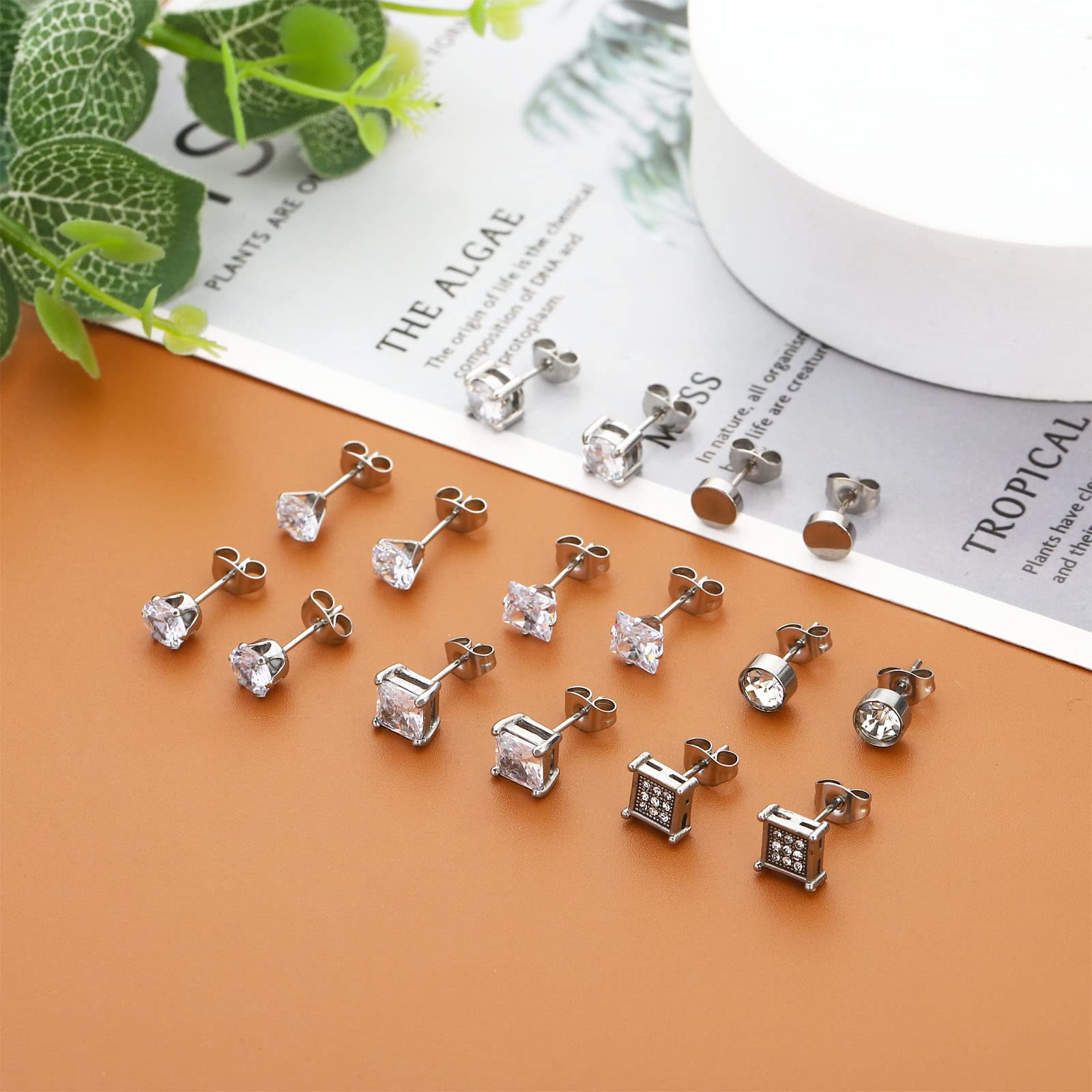 NEWITIN 12 Pairs Stainless Steel Stud Earrings for Men Hypoallergenic Earring Unisex Studs Inlaid Cubic Zirconia Men Earrings Hoop CZ Stud Earring Set for Women