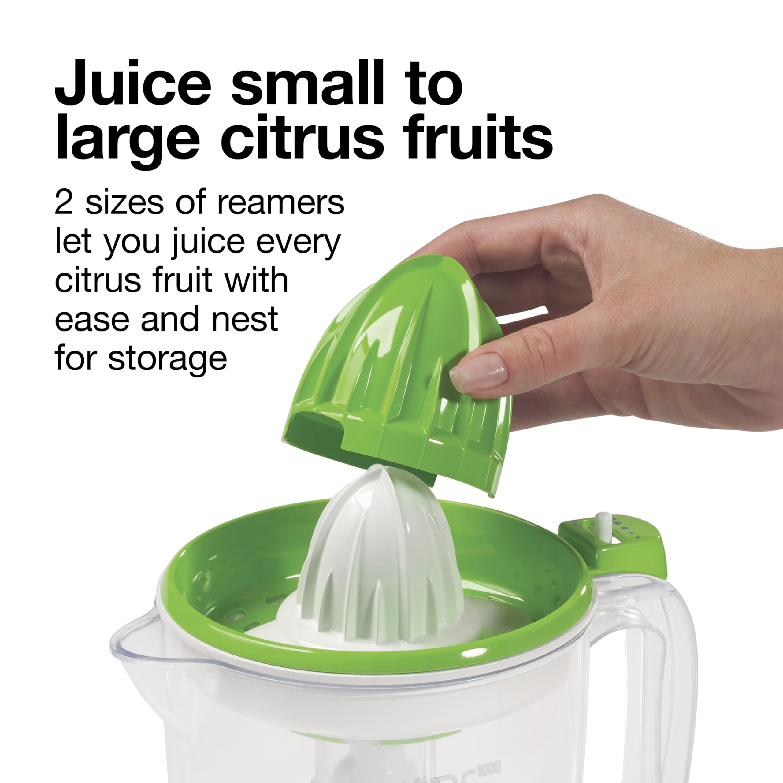 Proctor Silex Electric Citrus Juicer Machine, Large 34 oz. Pitcher, Pressure Activated, 2 Reamers for Big and Small Fruit, Pulp Control, for Orange, Lemon, Grapefruit Juice, White & Green (66340)