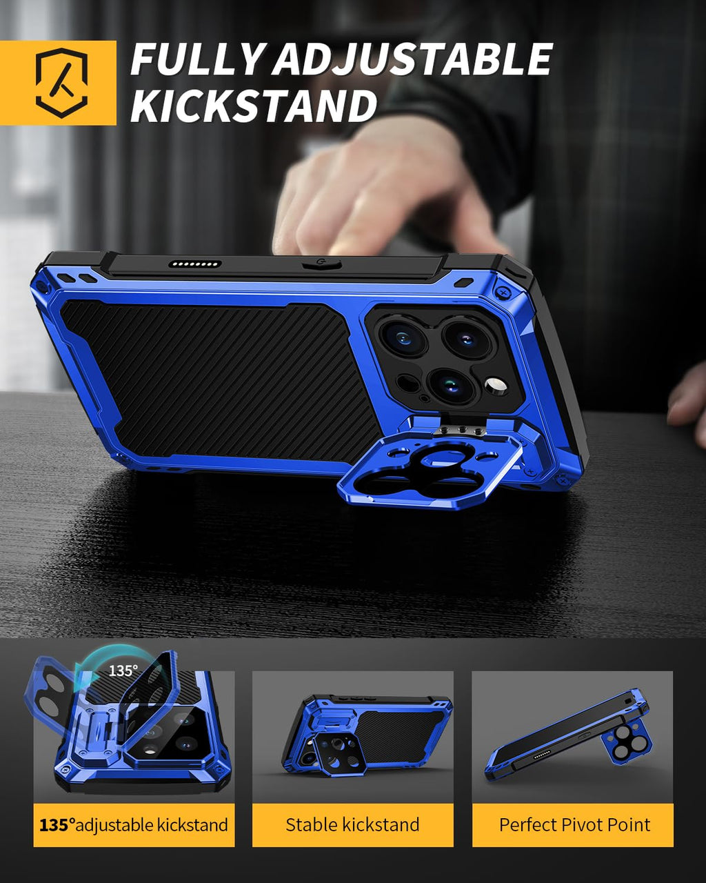 Lanhiem for iPhone 16 Metal Case with Camera Cover & Stand [Compatible with MagSafe] [Built-in Kickstand] [Military-Grade Protection] Heavy Duty Rugged Magnetic Phone Case, Black