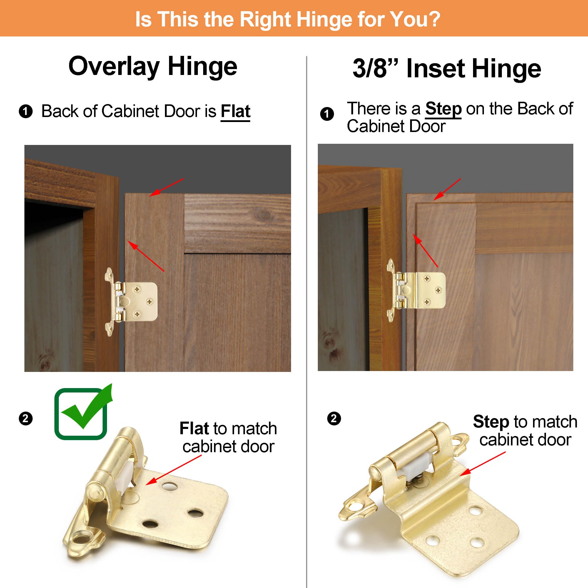 4 Pack (2 Pairs) Antique Brass Self Closing Cabinet Hinges for Kitchen Cabinet Door, 1/2" Overlay (Variable) Semi Concealed Kitchen Cabinet Hinges