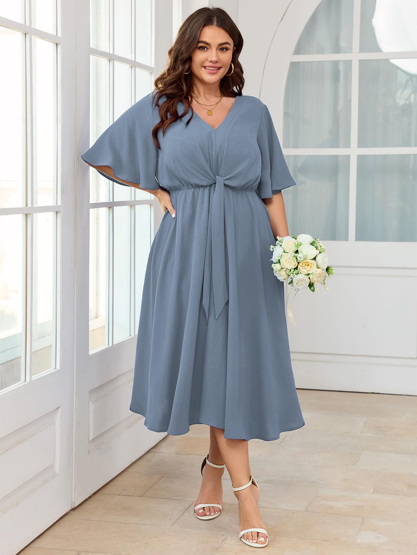 SCOMCHIC Women Plus Size Midi Dresses Wedding Guest Short Sleeve V Neck Tie Waist Casual Summer Flowy A Line Dress