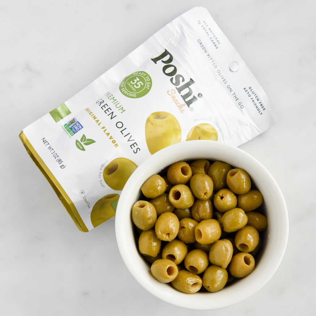 POSHI Green Pitted Olives - Basil & Garlic | Vegan, Kosher, Gluten Free + Keto Friendly, Fresh, Low Calorie Healthy Snacks | (30 Pack, 1.1oz Bags)