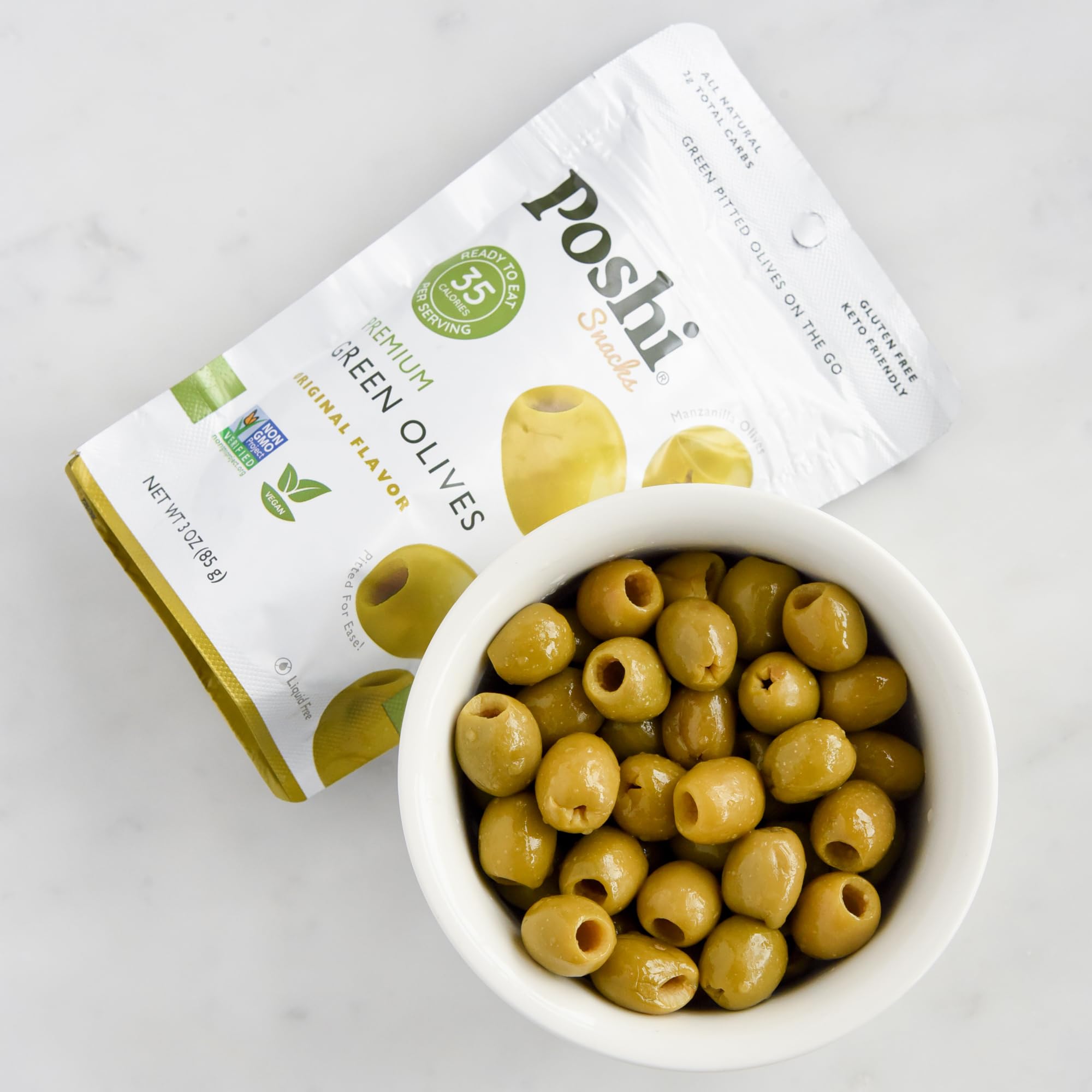 POSHI Green Pitted Olives - Basil & Garlic | Vegan, Kosher, Gluten Free + Keto Friendly, Fresh, Low Calorie Healthy Snacks | (30 Pack, 1.1oz Bags)