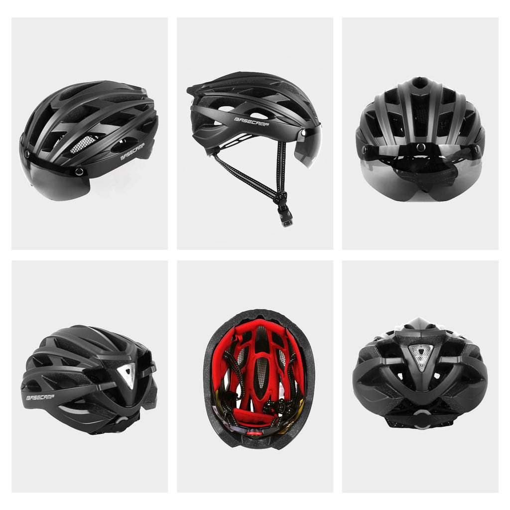 Bike Helmet, Basecamp Bicycle Helmet with Rear Light & Detachable Magnetic Goggles Lightweight Cycling Helmet Adjustable for Adult Men Women Mountain & Road (BC-069)