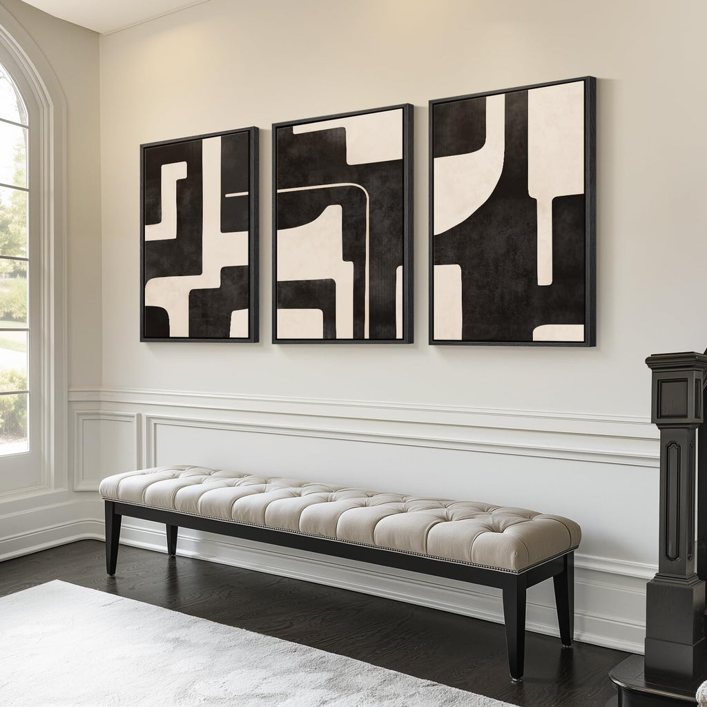 Framed Black and White Modern Abstract Wall Art, 3 Piece Canvas Prints Paintings Artwork for Walls, Minimalist Black White Grey Pictures for Living Room Dining Room Bedroom Office Wall Decor 16x24 In
