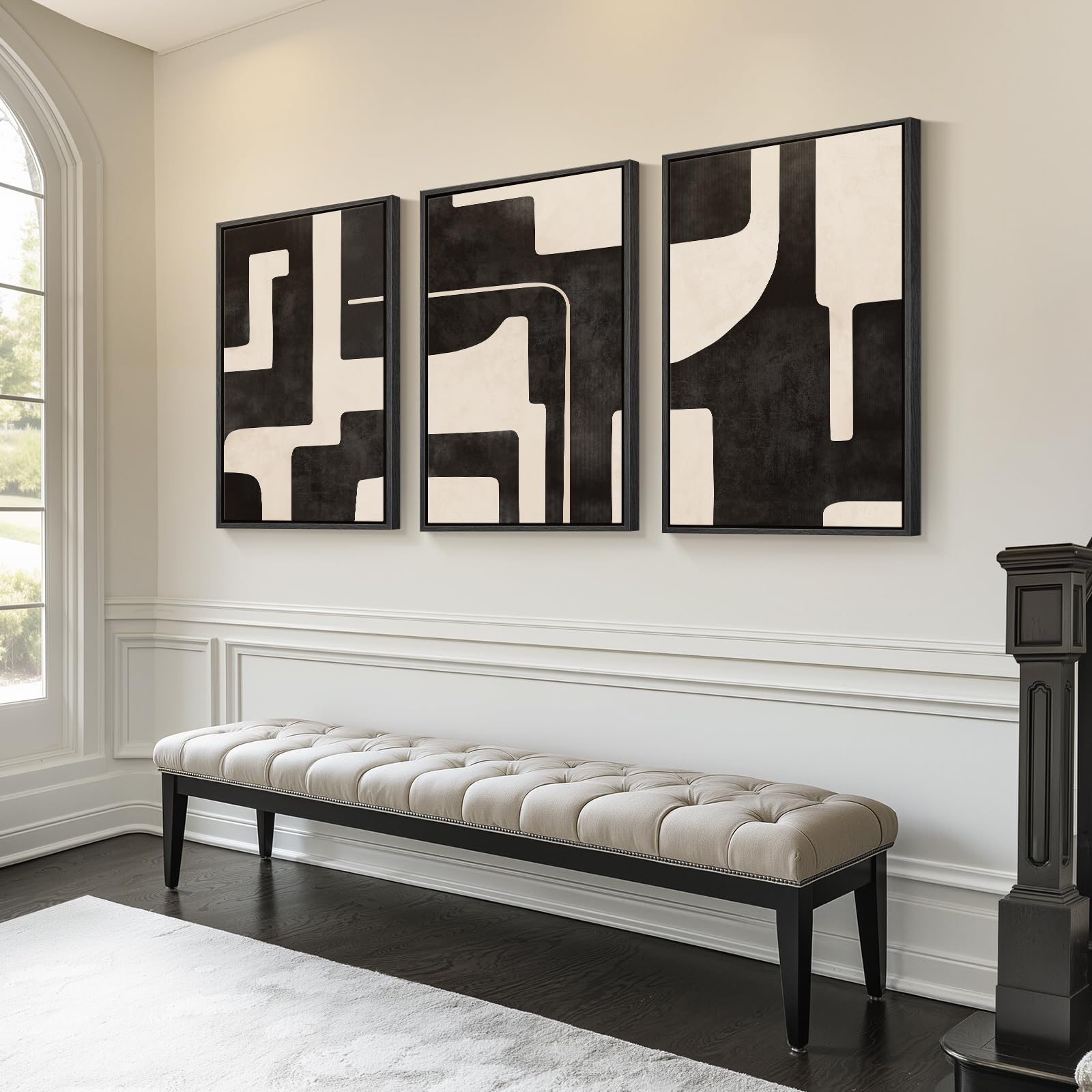 Framed Black and White Modern Abstract Wall Art, 3 Piece Canvas Prints Paintings Artwork for Walls, Minimalist Black White Grey Pictures for Living Room Dining Room Bedroom Office Wall Decor 16x24 In