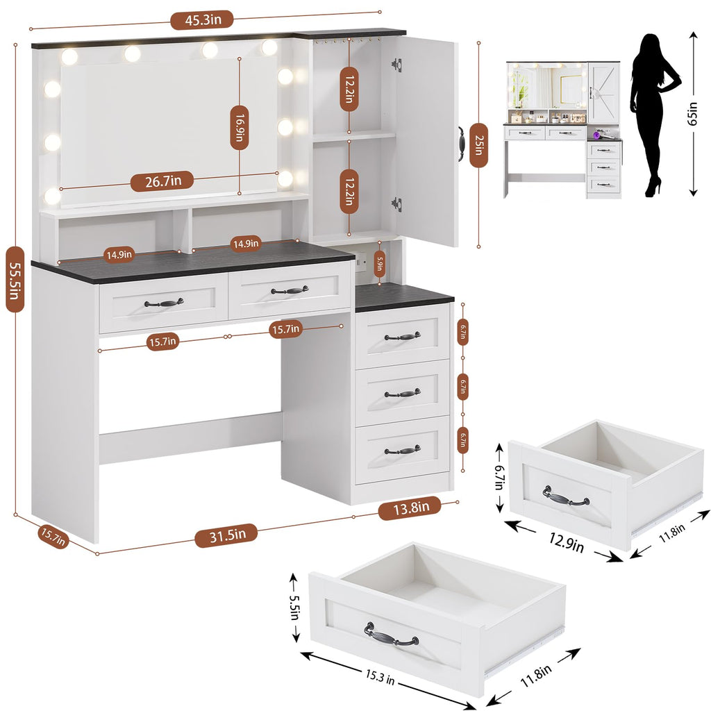 Vanity Desk with Lighted Mirror, Black Vanity with 4 Drawers,Makeup Vanity with Storage Shelves and Power Outlet,10 Lights with 3 Color Modes Brightness Adjustable for Girls’ Bedroom (Black)