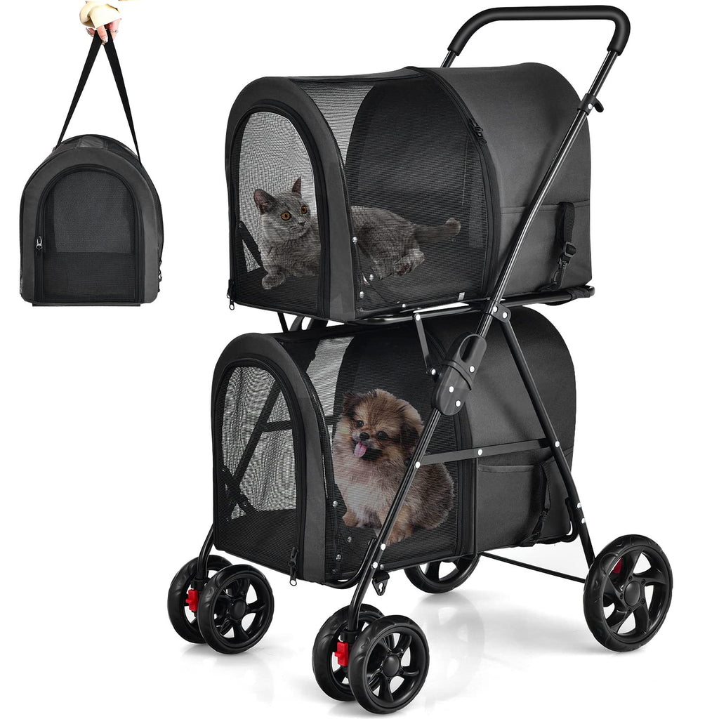 Giantex Double Pet Stroller with 2 Detachable Carrier Bags, Safety Belt, 4 Lockable Wheels, Folding Cat & Dog Stroller for Small Medium Pets, Cats Dogs Puppy Travel Strolling Cart (Beige)