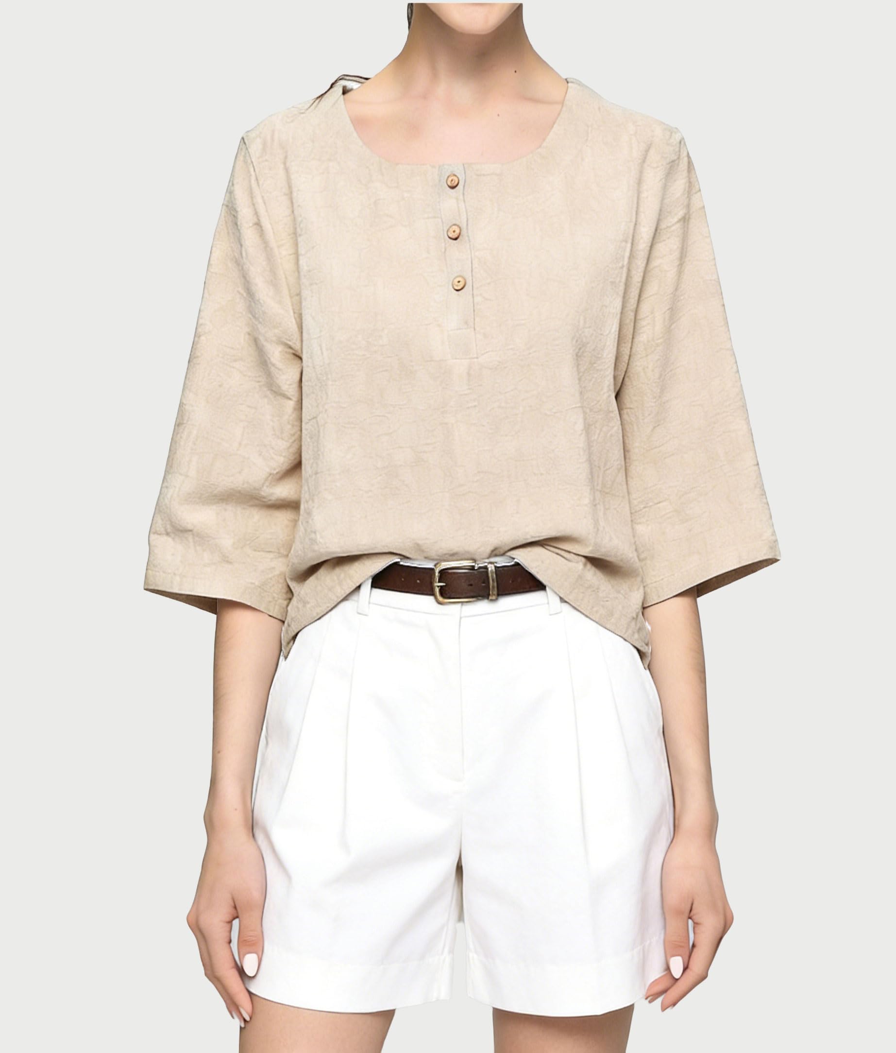 Minibee Women's 3/4 Sleeve Cotton Linen Jacquard Blouses Top T-Shirt