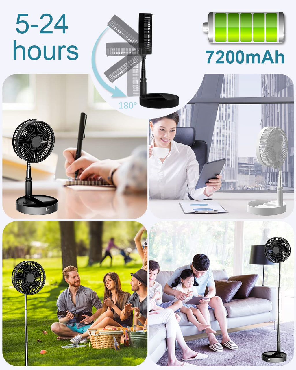 UN UNITEDTIME Portable Fan Foldable Rechargeable [Remote Control ] Battery Operated Foldaway Standing Pedestal Collapsible Fan, 4 Speed, Timer for Camping Travel, Bedroom (Black)