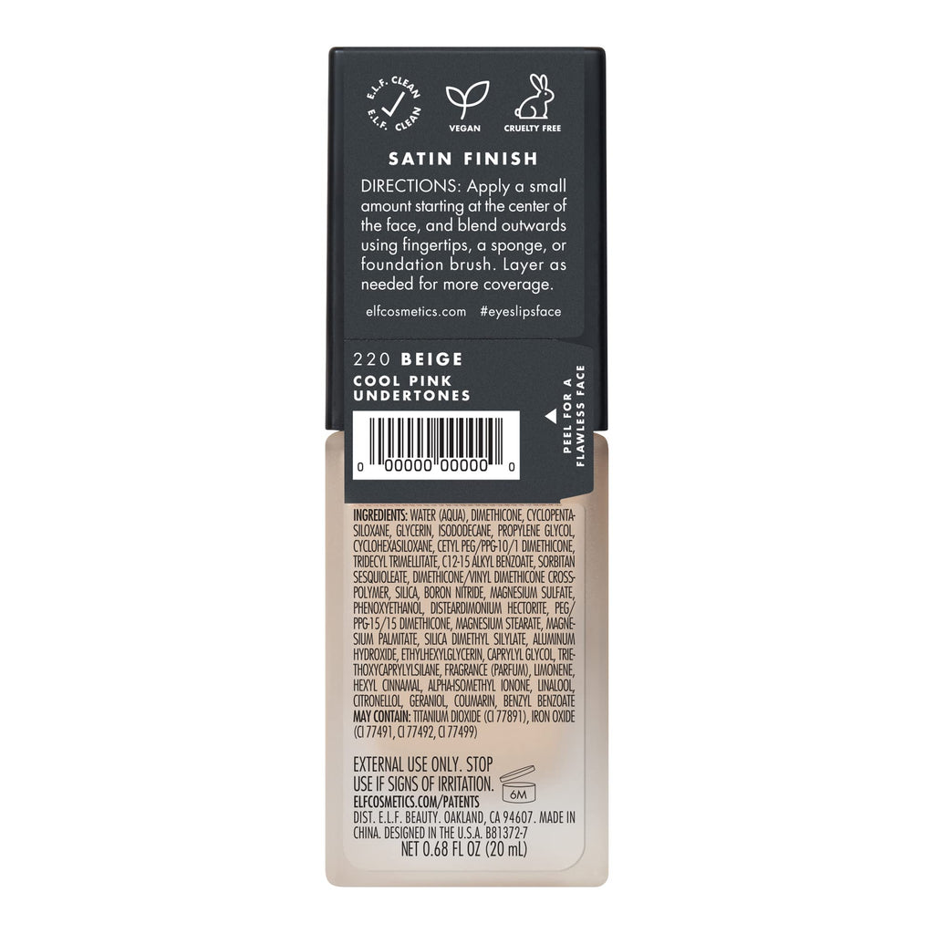 e.l.f. Flawless Satin Foundation, Lightweight & Medium Coverage, Semi-Matte Finish, Vegan & Cruelty-Free, Alabaster, 0.68 Fl Oz (20mL)