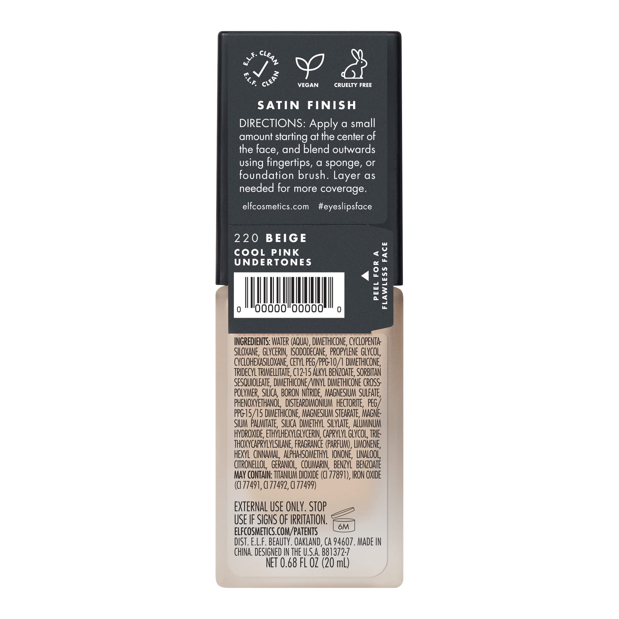 e.l.f. Flawless Satin Foundation, Lightweight & Medium Coverage, Semi-Matte Finish, Vegan & Cruelty-Free, Alabaster, 0.68 Fl Oz (20mL)