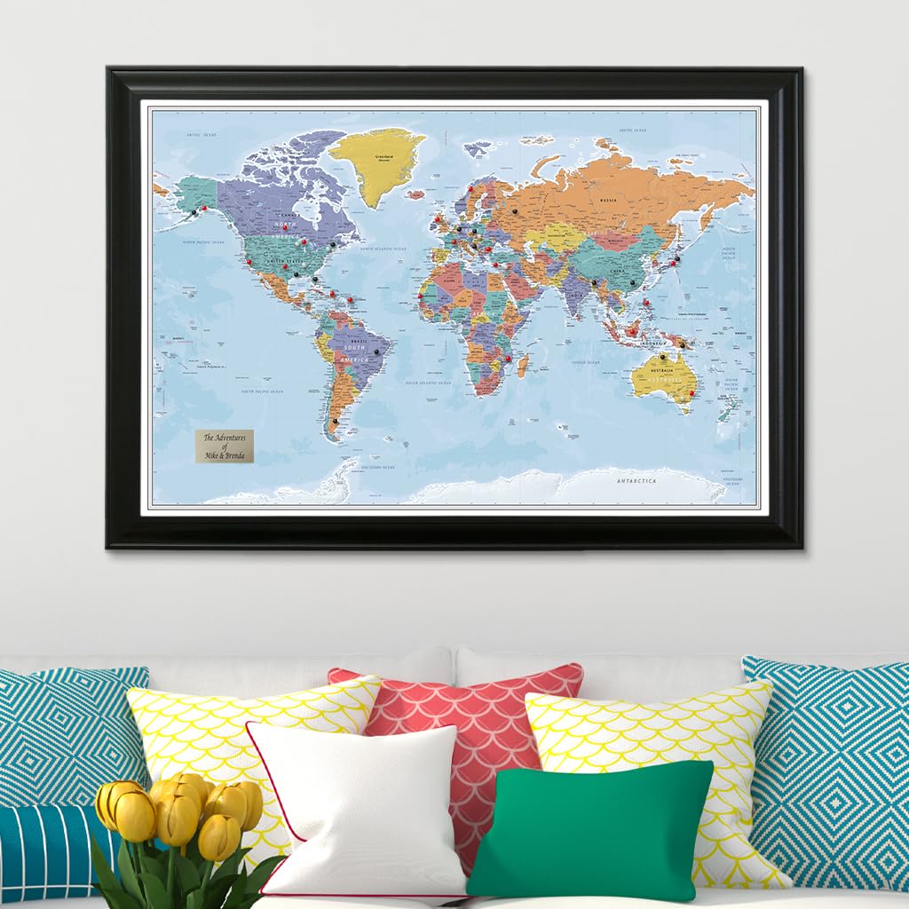 Personalized Canvas Rolled Poster World Map Wall Art with Pins – Large 24" x 36" Blue Oceans Map of the World – Push Pin Travel Decor for Home or Office