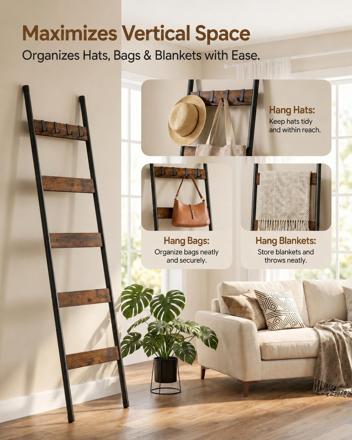 HOOBRO Blanket Ladder, 5-Tier Towel Rack with Hooks, Wall-Leaning Blanket Rack, Decorative Display Ladder Shelf, Scarves, Industrial, Living Room, Bedroom, Black BB52CJ01
