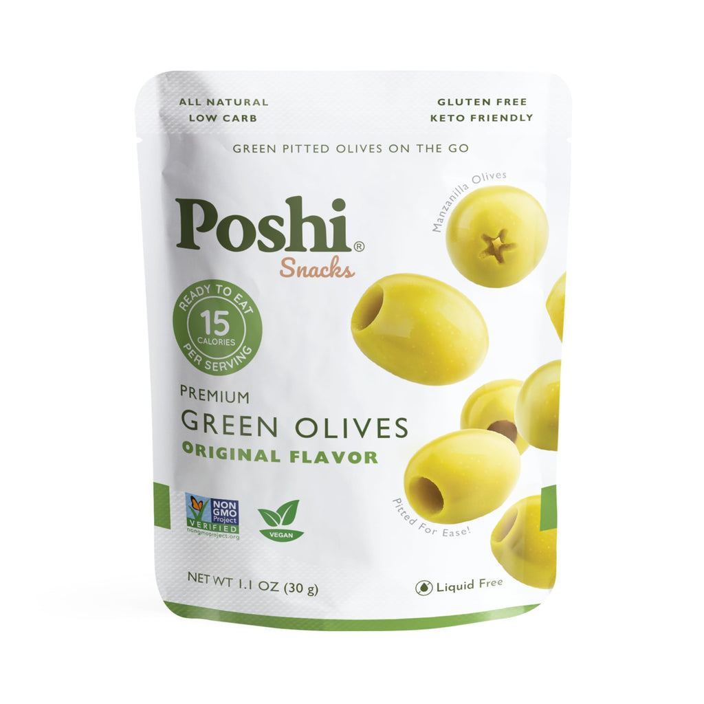 POSHI Green Pitted Olives - Basil & Garlic | Vegan, Kosher, Gluten Free + Keto Friendly, Fresh, Low Calorie Healthy Snacks | (30 Pack, 1.1oz Bags)