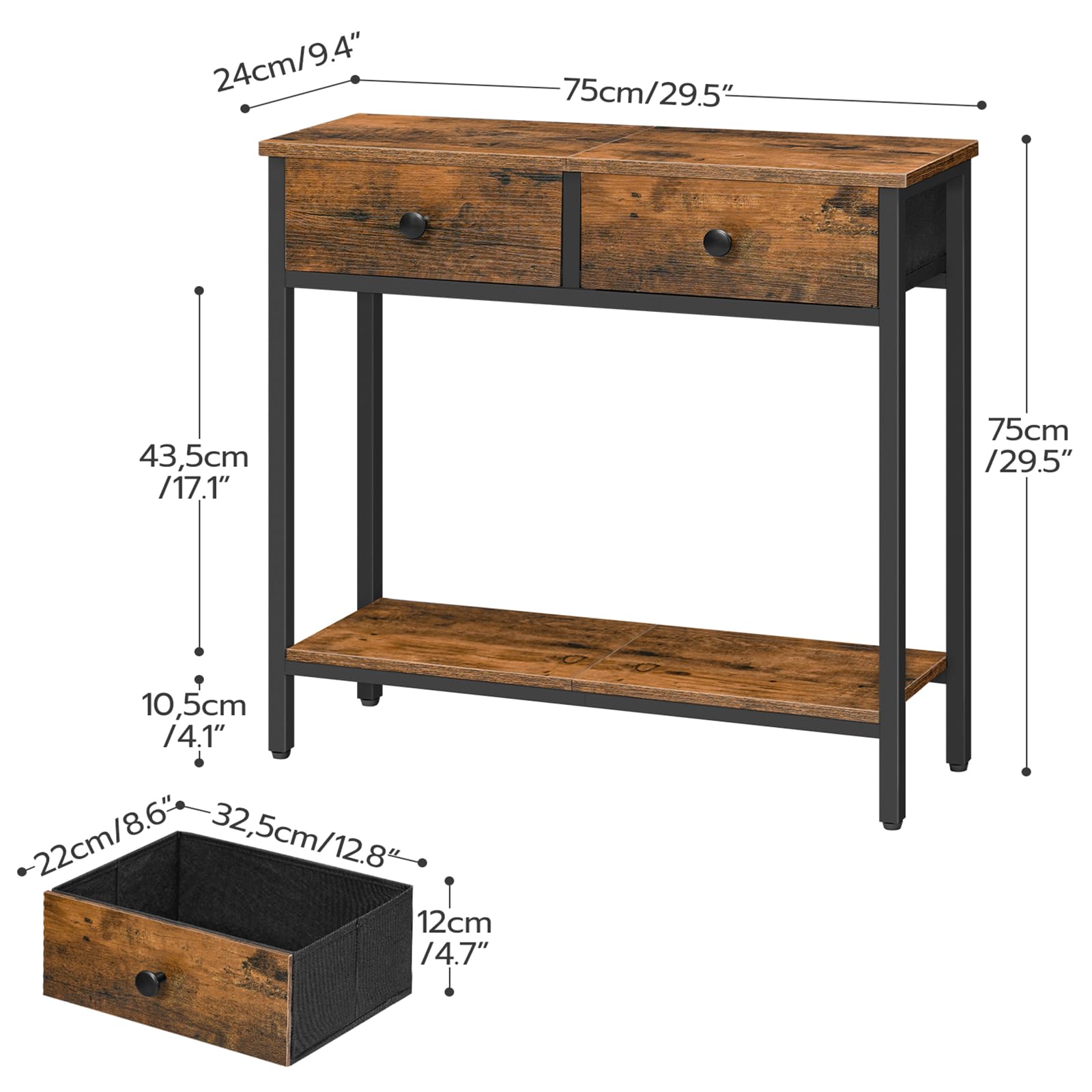 HOOBRO 29.5" Narrow Console Table with 2 Fabric Drawers, Small Entryway Table with 2-Tier Storage Shelves, Sofa Table, Behind Couch Table, for Living Room, Hallway, Black BB71XG01