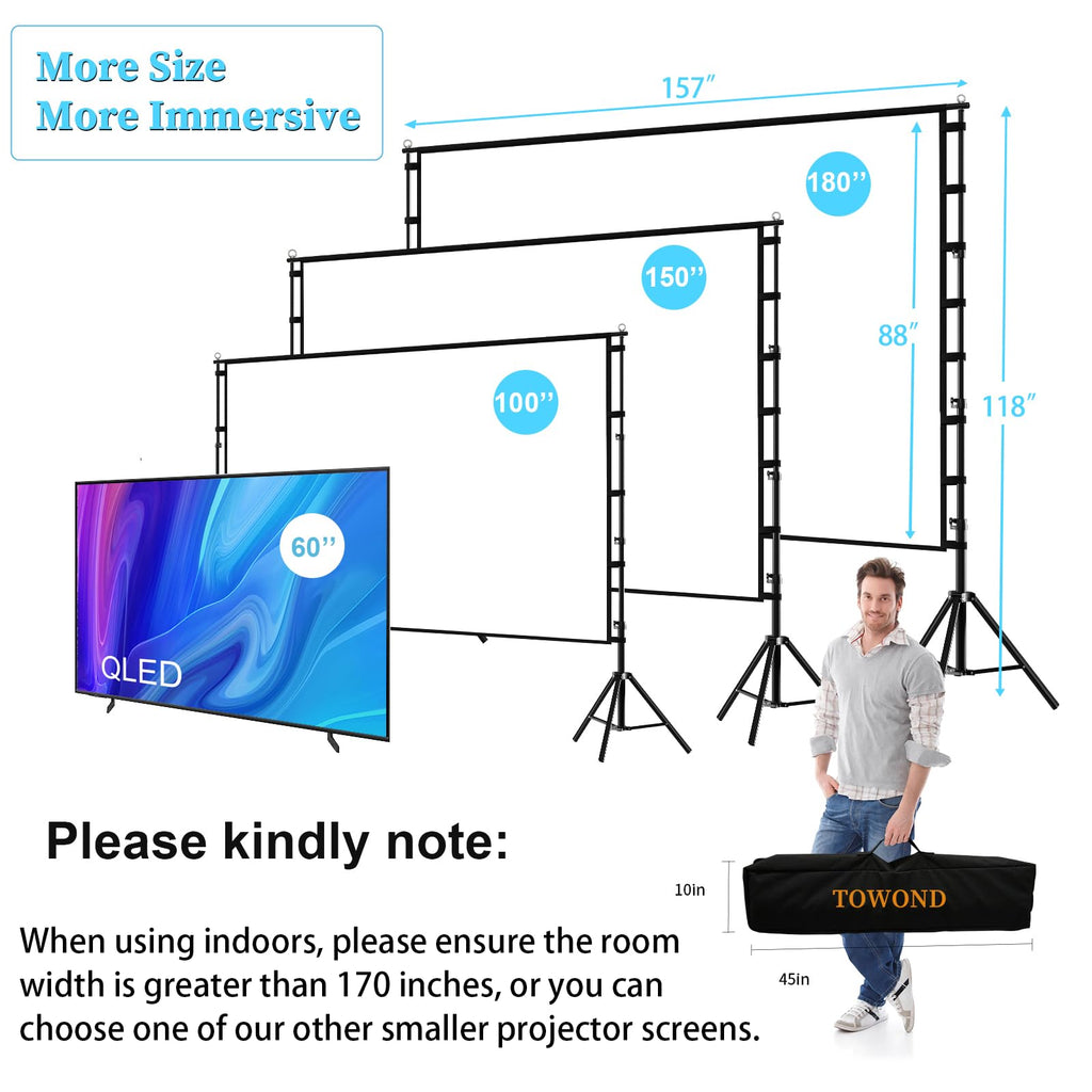 TOWOND Projector Screen and Stand, 180 inch Outdoor Projector Screen 15 FT Large Projection Screen, Portable 16:9 4K HD Rear Front Movie Screen with Carry Bag Wrinkle-Free Design for Backyard Theater