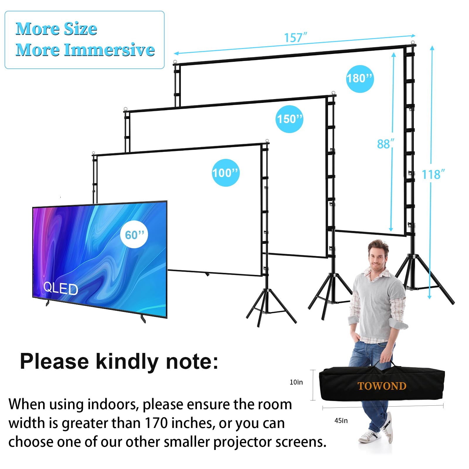 TOWOND Projector Screen and Stand, 180 inch Outdoor Projector Screen 15 FT Large Projection Screen, Portable 16:9 4K HD Rear Front Movie Screen with Carry Bag Wrinkle-Free Design for Backyard Theater