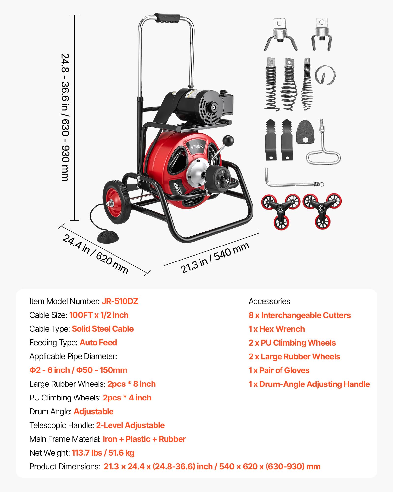 VEVOR 50FT x 1/2Inch Sewer Snake Machine, Drain Cleaning Machine on 4 Wheels, Electri Drain Auger with 4 Cutters & Foot Switch for 1''- 4'' Pipes