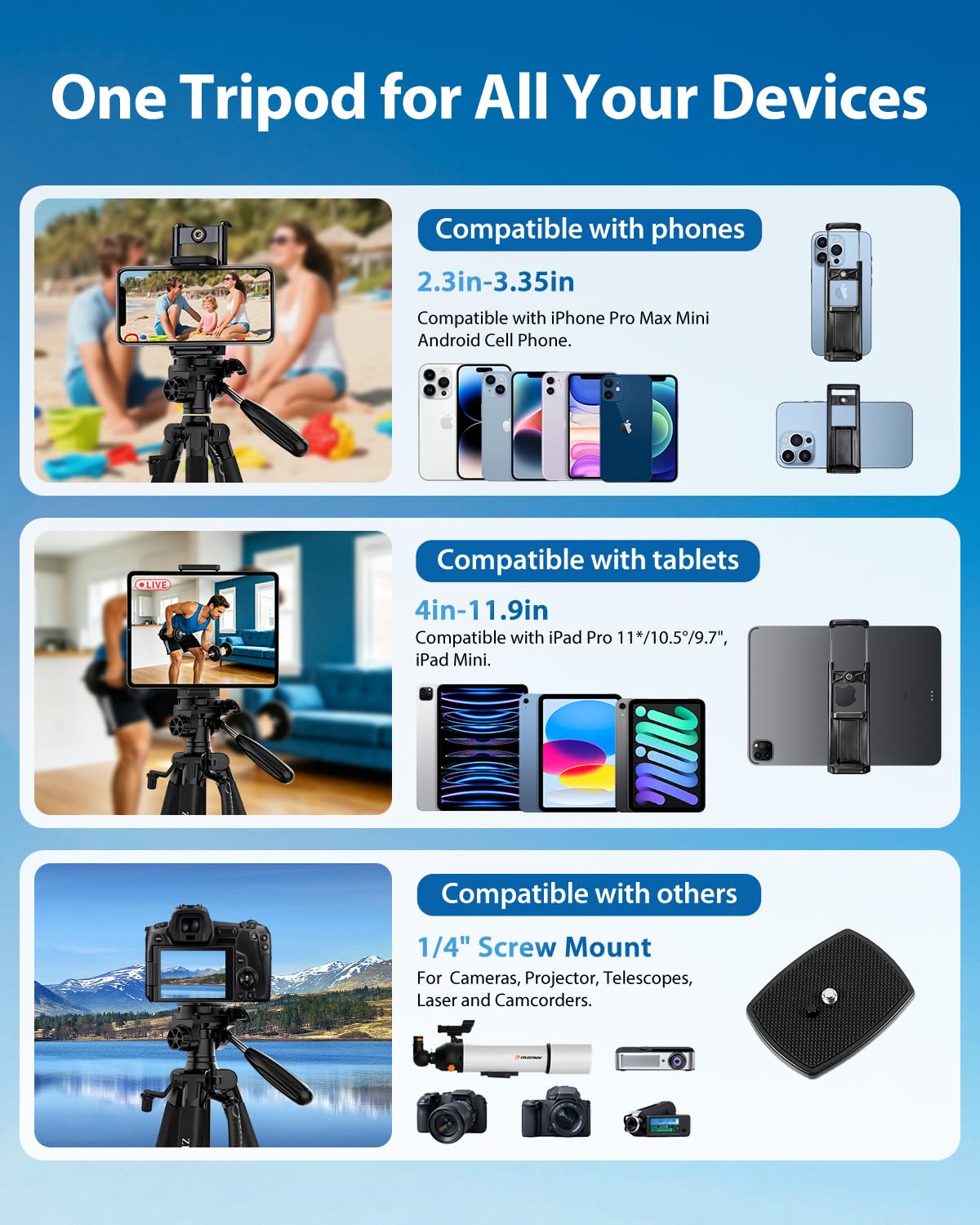 75" Camera Tripod, Aluminum Heavy Duty Camera Stand for ipad Phone, Travel Tripod with/Carry Bag/Phone Tablet Holder, Compatible with Canon Nikon Sony DSLR, Spotting Scopes, Max Load 15 Lb(Black)