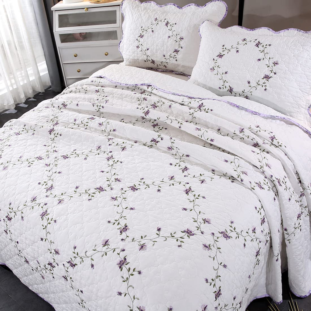 vctops 3-Piece Floral Embroidered Bedspread Coverlet Set Twin Size 100% Cotton Reversible Patchwork 1 Quilt and 2 Pillow Shams (Flower,Twin)