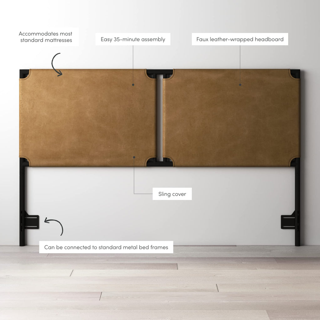 Nathan James Harlow Modern Wall Mount Hanging Headboard, Queen, Brown Faux Leather