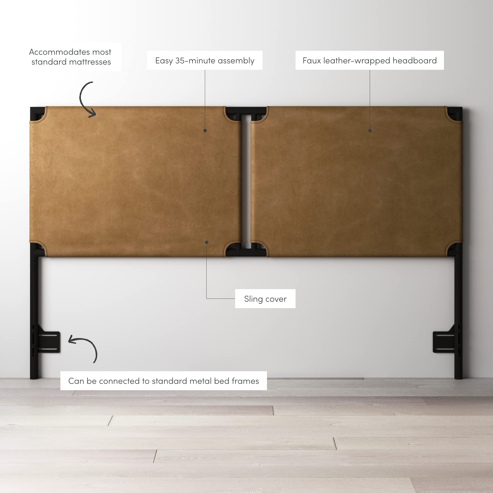 Nathan James Harlow Modern Wall Mount Hanging Headboard, Queen, Brown Faux Leather