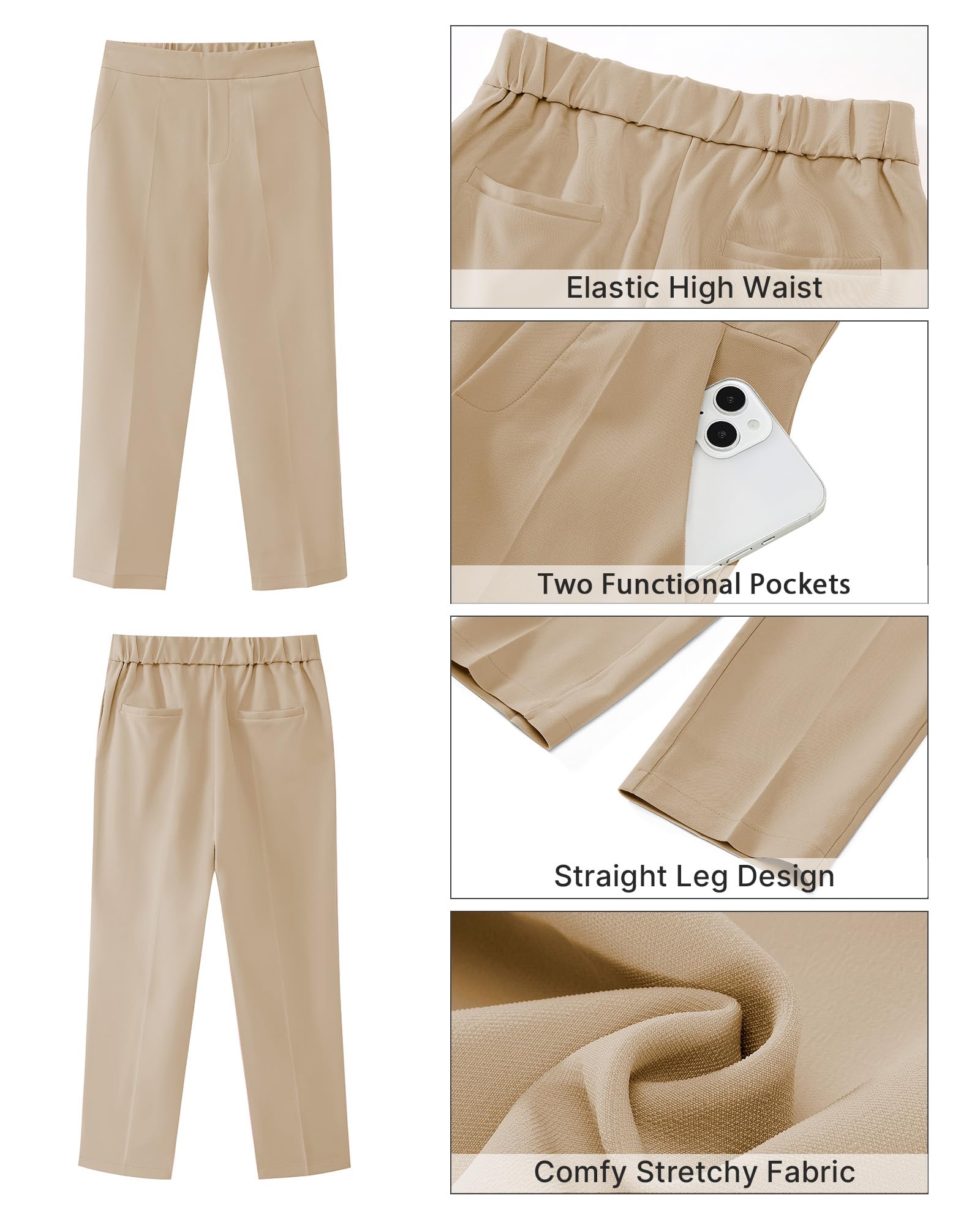 GRAPENT Capri Pants for Women High Waisted Pull On Dress Pants Slim Straight Leg Stretchy Waist Capris Trousers Pants