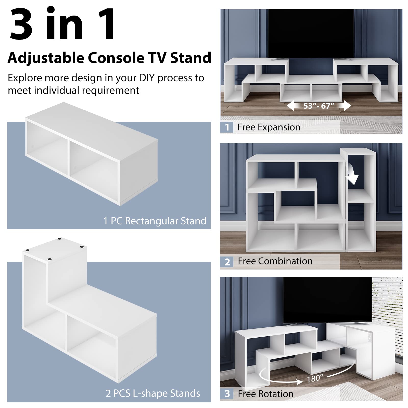 Tangkula 3 Pieces Console TV Stand, Free-Combination Entertainment Center for 50 55 60 65 Inch TV, Minimalist Modern TV Media Stand, DIY Open Storage Bookcase Shelf for Living Room (Black)