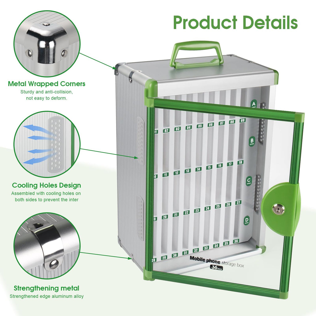 Glosen Cell Phone Locker 24 Slots, Portable Phone Storage Cabinet [Wall Mounted] [Silver 24 Slots-Universal Key ] Aluminum Alloy Cellphone Lock Box with Key & Handle for School Classroom Office Exam