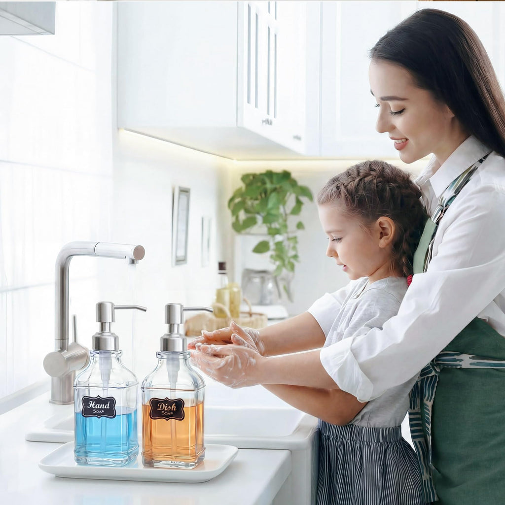 JASAI Antique Design Soap Dispenser with Rust Proof 304 Stainless Steel Pump, Refillable Glass Soap Dispenser with 10Pcs Clear Stickers, Premium Kitchen & Bathroom Soap Dispenser