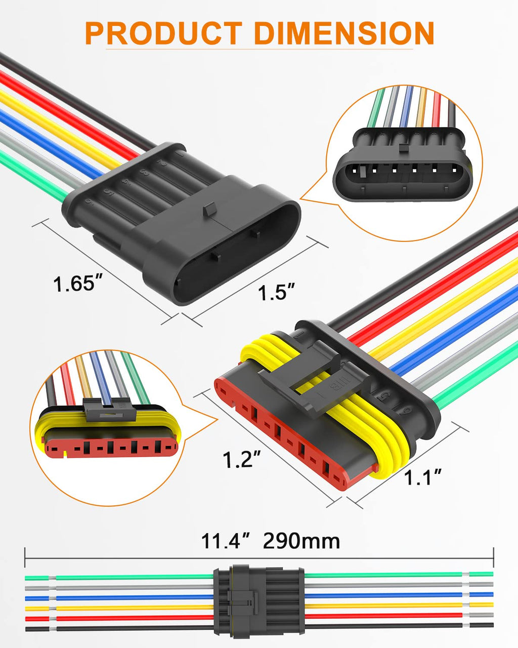 NAOEVO 2 Pin Connector Waterproof, 16 AWG 2 Wire Connectors, Automotive Electrical Male and Female Plug with Heat Shrink Tubing for Car Truck Boat Wire Connection, 6 Kits