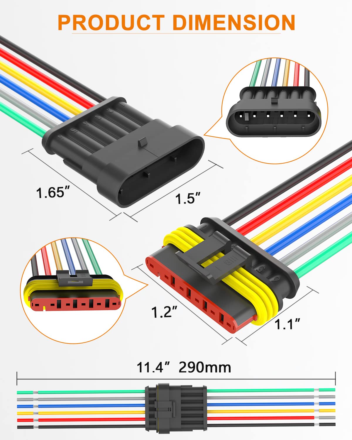 NAOEVO 2 Pin Connector Waterproof, 16 AWG 2 Wire Connectors, Automotive Electrical Male and Female Plug with Heat Shrink Tubing for Car Truck Boat Wire Connection, 6 Kits