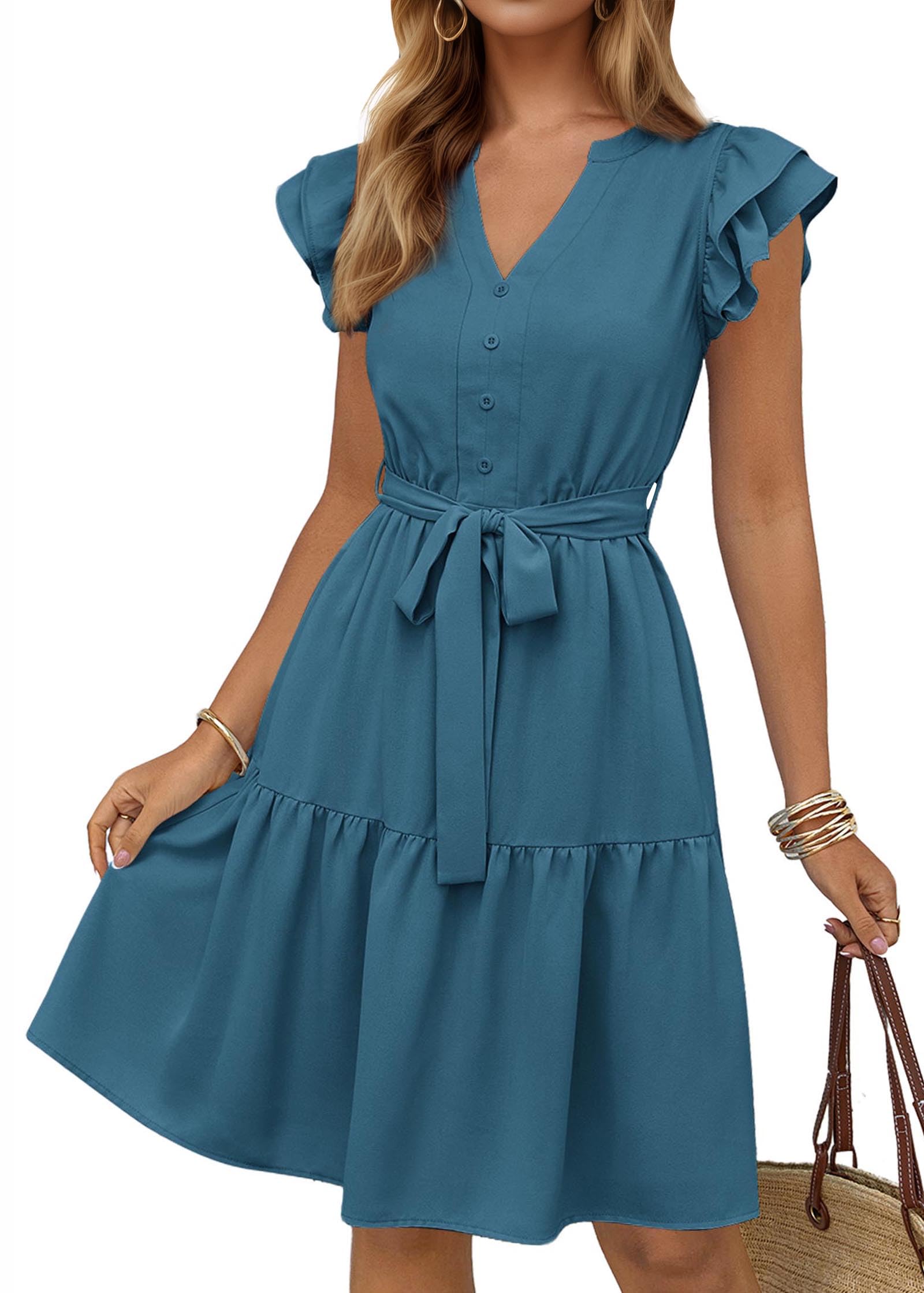 KIRUNDO Summer Dresses for Women 2026 Spring Flutter Sleeve V Neck Ruffle Flowy Tiered Knee Length Beach Vacation Sundress