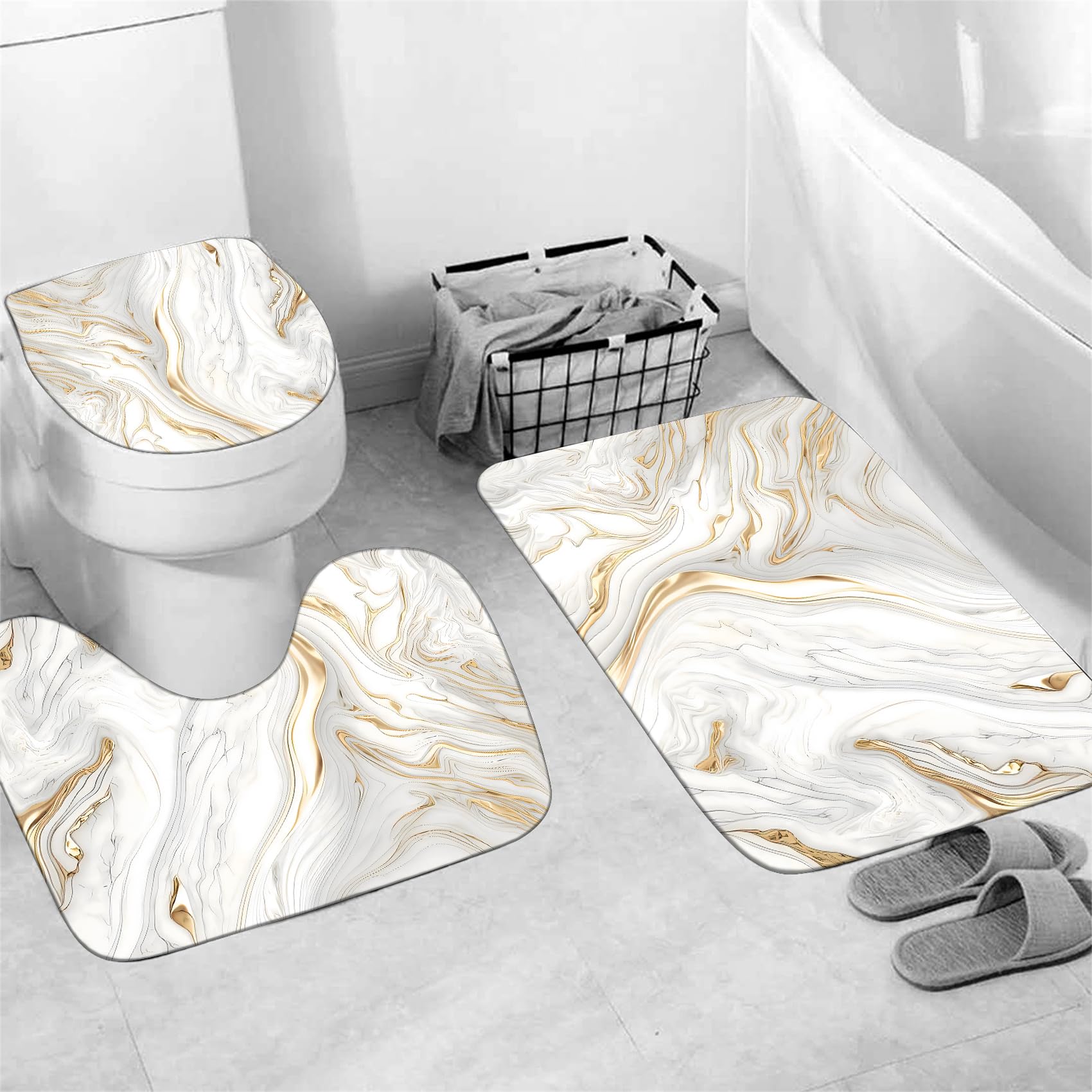 Nkzply 4 Pcs Black Marble Shower Curtain Sets with Rugs Gold Bathroom Sets with Shower Curtain and Rugs Modern Abstract Bathroom Decor Accessories Shower Curtains for Bathroom Toilet Lid Cover
