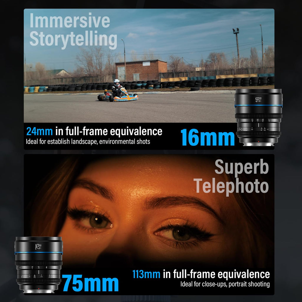 SIRUI Night Walker T1.2 Cine Lens Set, 16mm, 24mm, 35mm, 55mm, 75mm Large Aperture Manual Focus Lens (M4/3 Mount, Black)