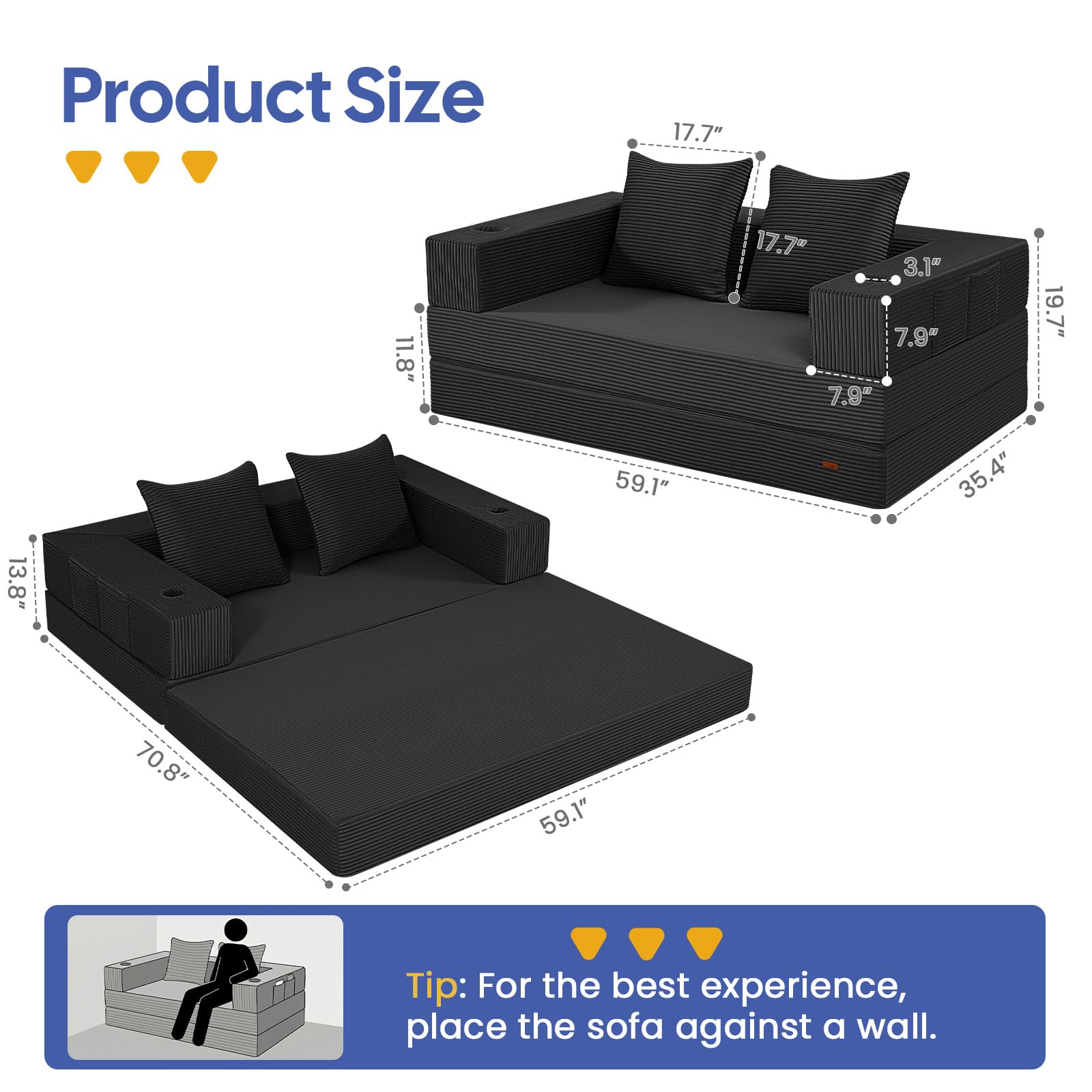 COMAX Futon Sofa Bed, 4‑in‑1 Convertible Sofa Bed, Folding Boneless Couches | Boneless Couch for living room, Fold Out Small Foldable Loveseat Floor Sleeper Mattress Lounge Space‑Saving, Ash Gray