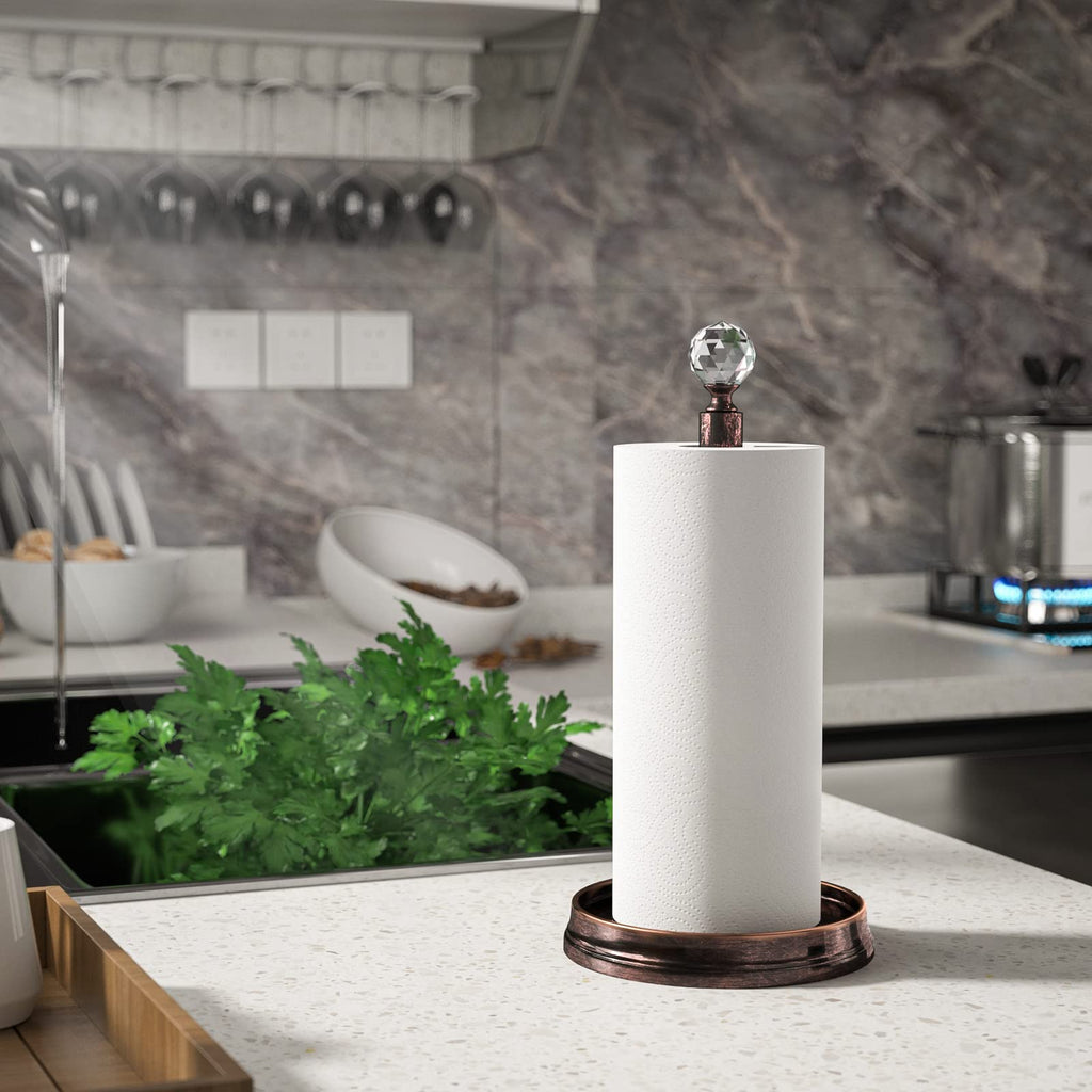 KASUNTO Paper Towel Holder with Crystal Ball - Steel Countertop Stand, Fits Standard & Jumbo Rolls, Brushed Nickel