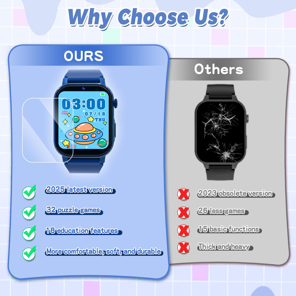 Kids Smart Watch Boys, Kids Game Smart Watch with 32 Games HD Touch Screen Video Camera Music Player Audiobooks Pedometer Flashlight Alarm Clock 12/24 hr, Toys Gift for 3-12 Years Old Boys Girls
