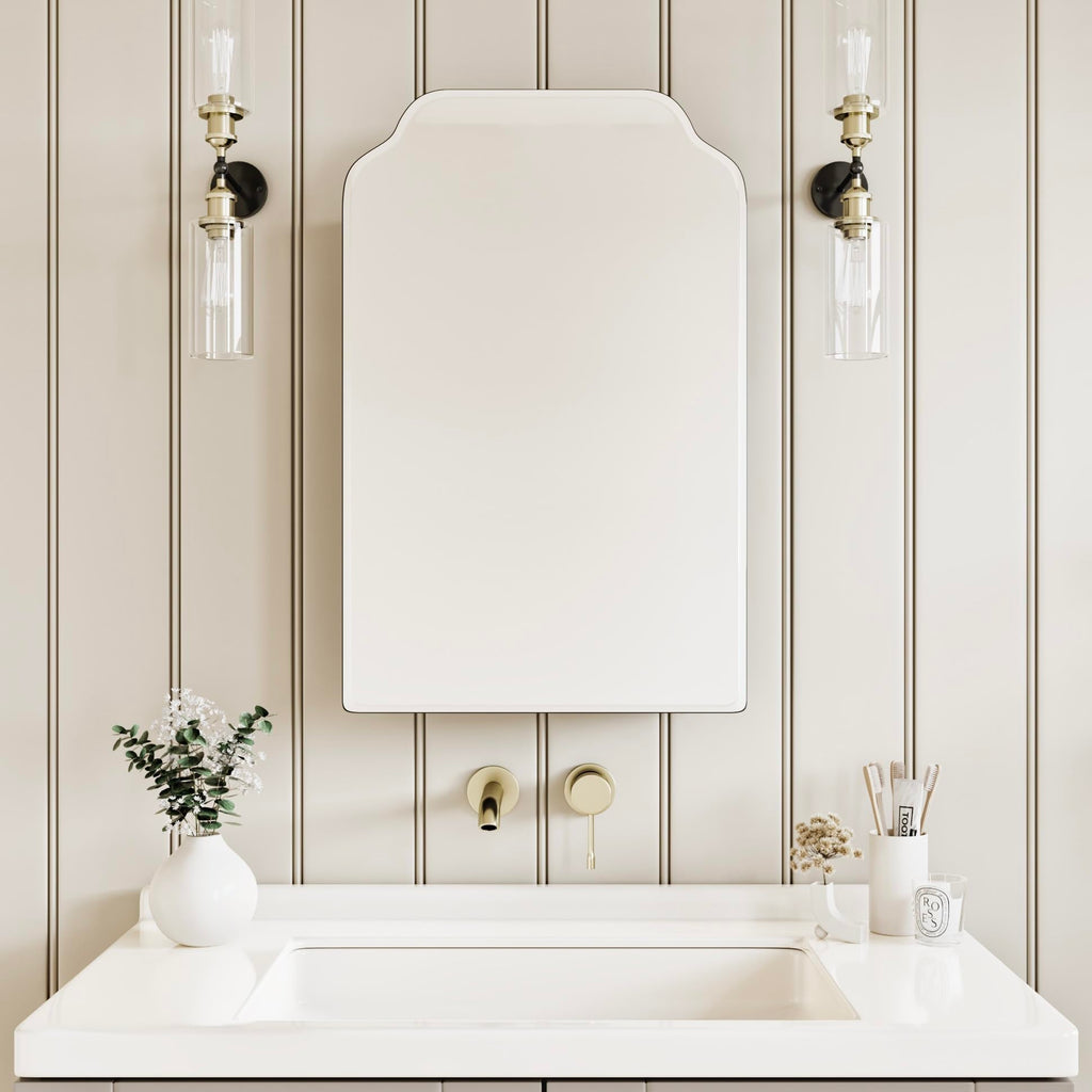AGDULL Victorian Surface Mount or Recessed Medicine Cabinet, Wood Bathroom Wall Cabinet with Arched Mirror, Black, Left-Swing Door, Overall 16.5" W x 24" H