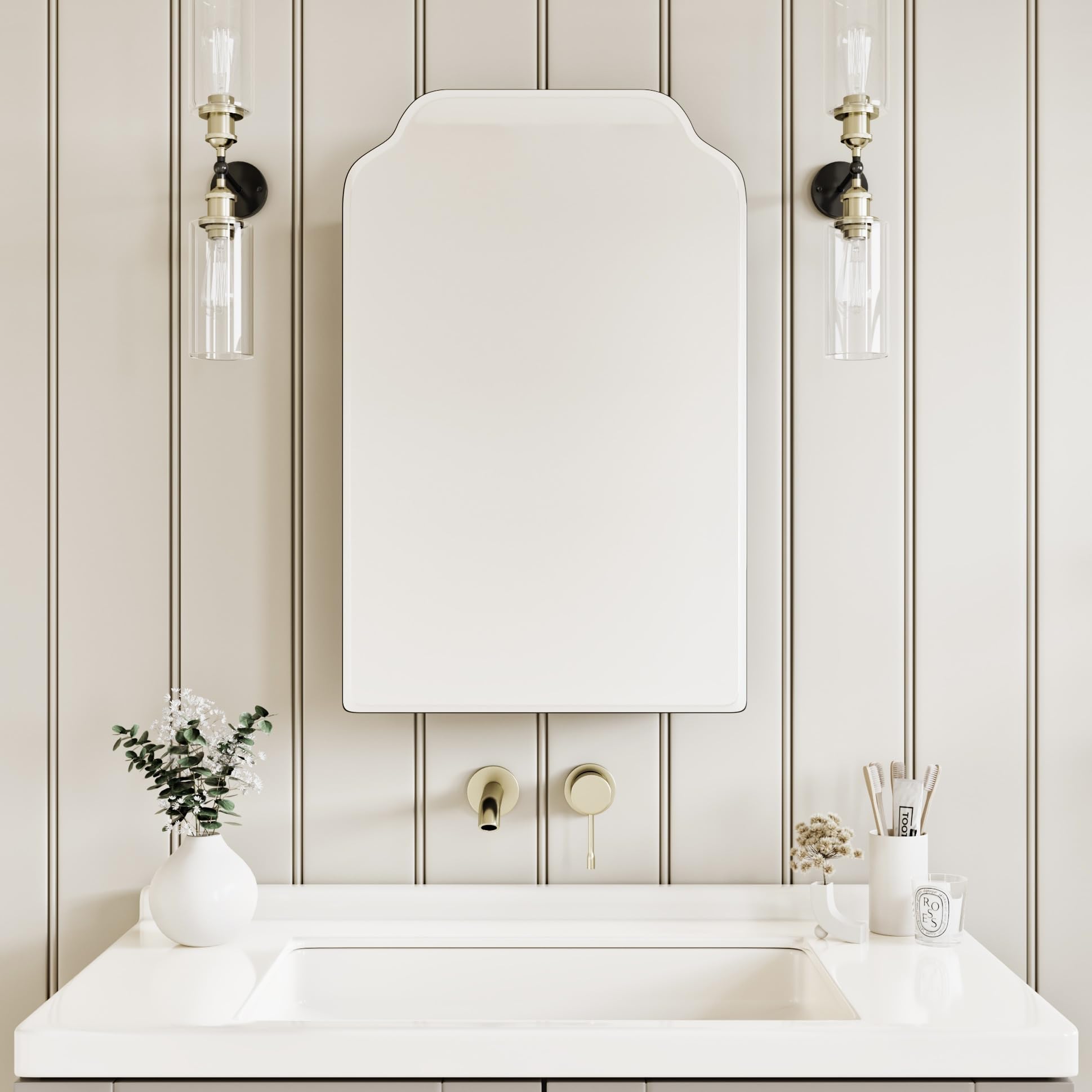 AGDULL Victorian Surface Mount or Recessed Medicine Cabinet, Wood Bathroom Wall Cabinet with Arched Mirror, Black, Left-Swing Door, Overall 16.5" W x 24" H