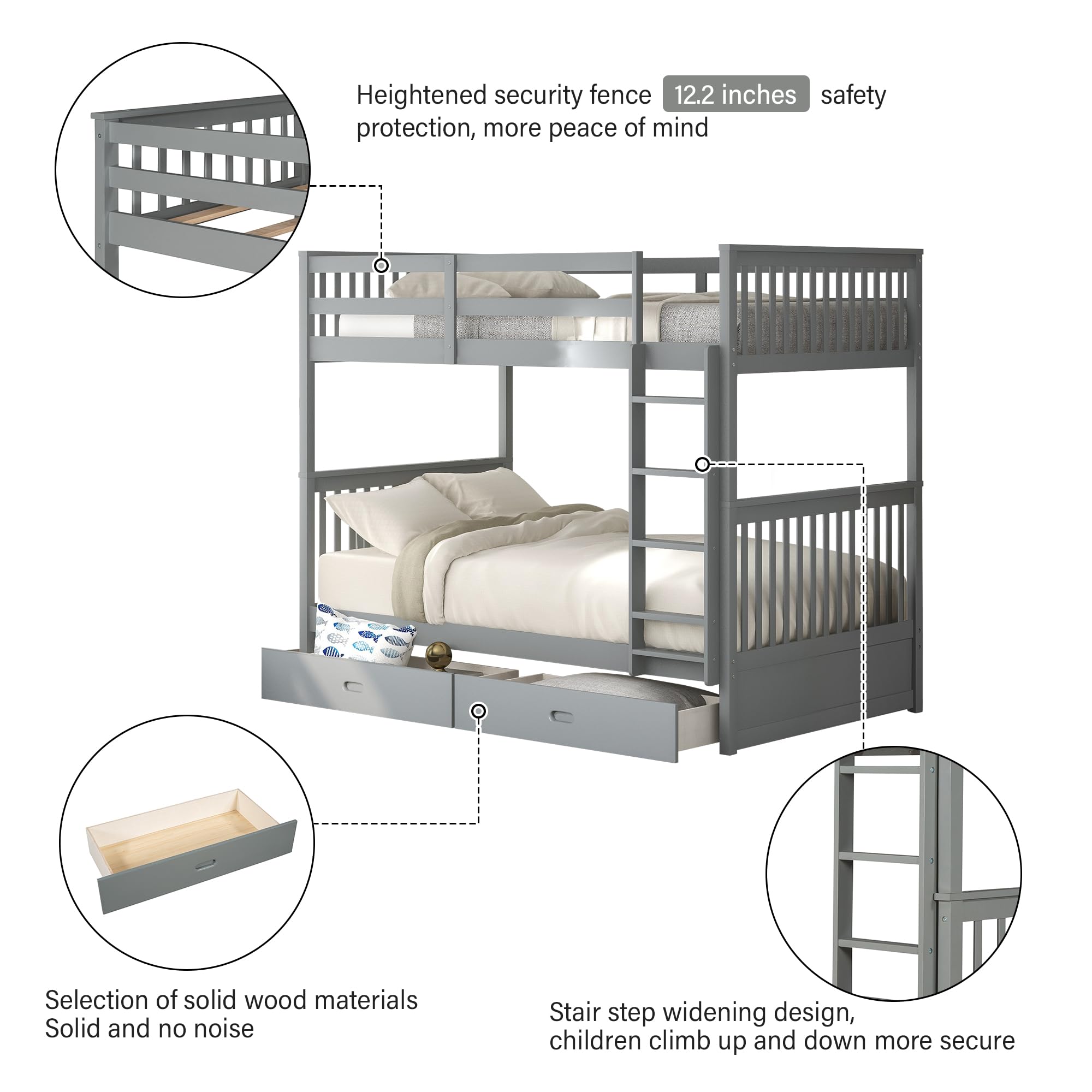 Merax Wood Bunk Bed with Two Drawers,Convertible Wood Bunk Bed with Ladders and Two Storage Drawers,Solid Wood Detachable Bed Frame with Ladders, Twin Over Full Size, Espresso