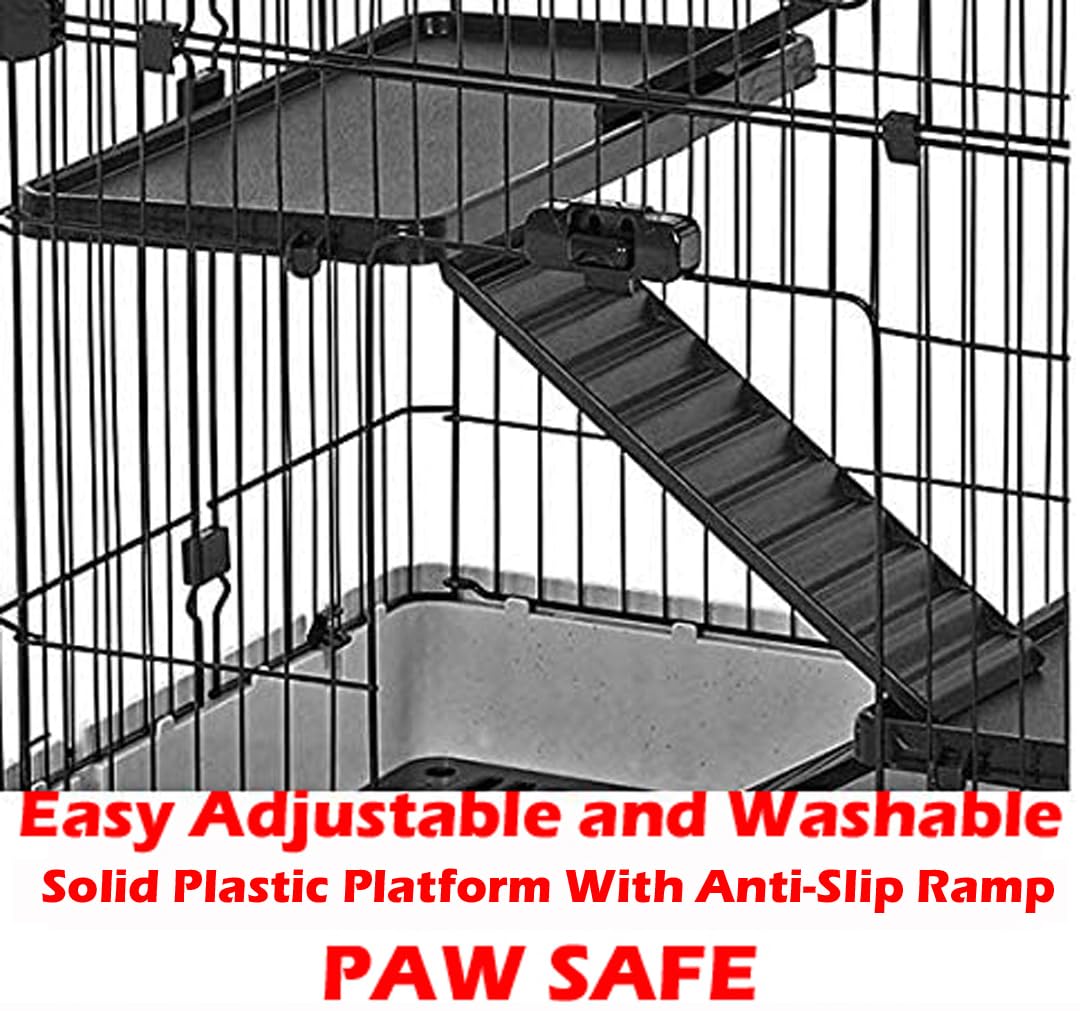 Deluxe 2-Level in/Outdoor Rabbit Hutch Cage for Ferret Squirrel Chinchilla Paw Safe Solid Platform Ramp Mesh Floor Pull Out Leakproof Easy Clean 2-Inch Deep Tray Large Access Doors Lockable Casters