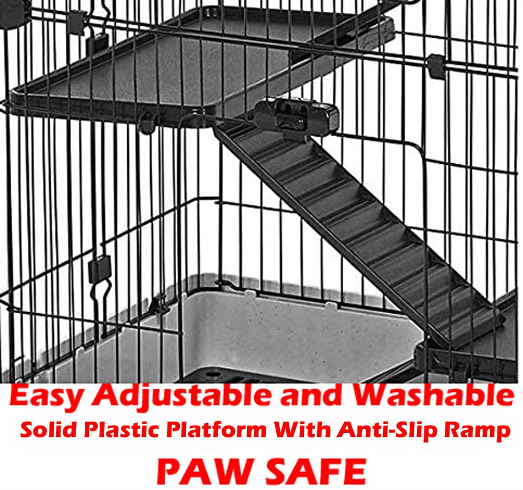 Deluxe 2-Level in/Outdoor Rabbit Hutch Cage for Ferret Squirrel Chinchilla Paw Safe Solid Platform Ramp Mesh Floor Pull Out Leakproof Easy Clean 2-Inch Deep Tray Large Access Doors Lockable Casters