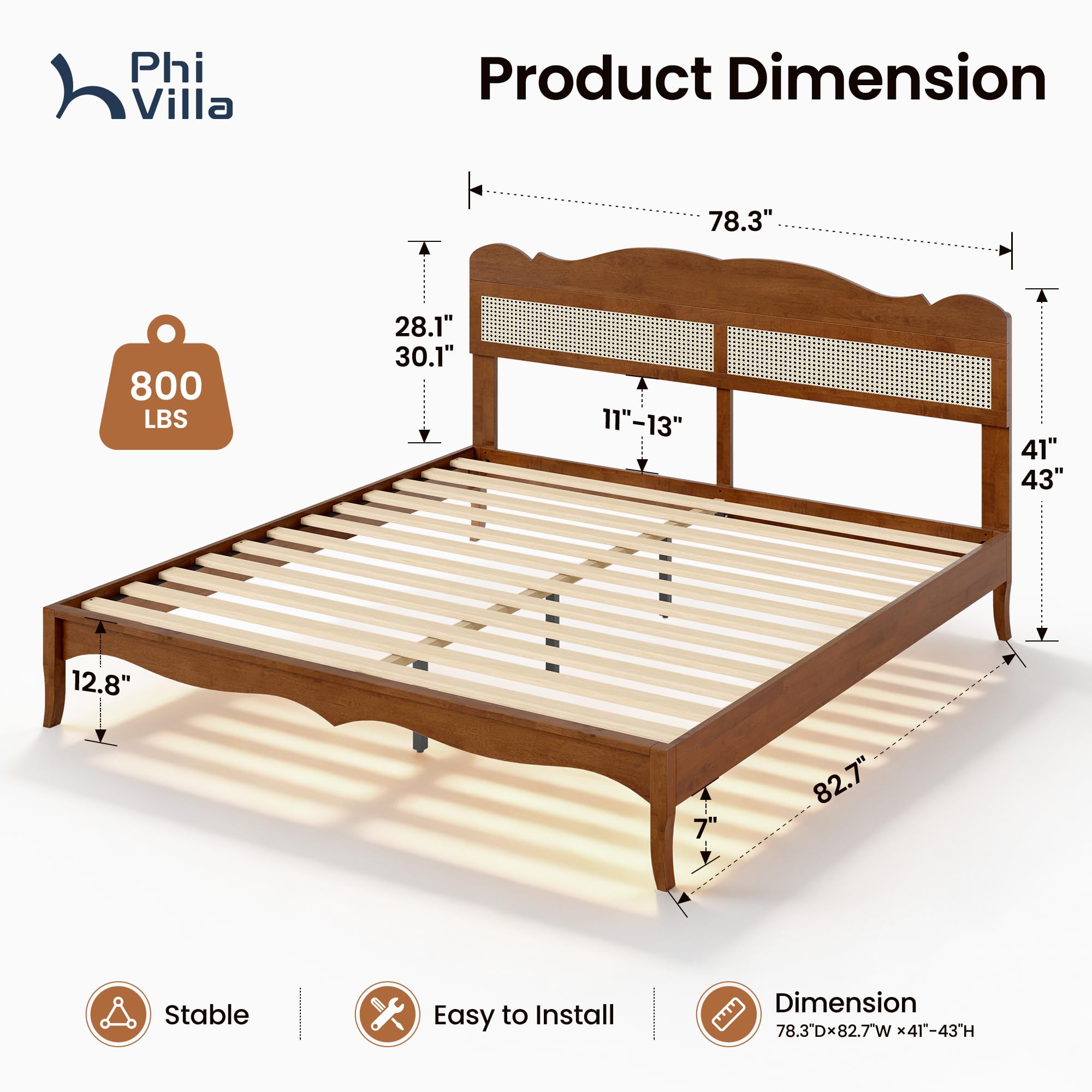 PHI VILLA Full Rattan Bed Frame with Headboard, Mid Century Modern Wooden Bed Frames, No Box Spring Needed, Brown